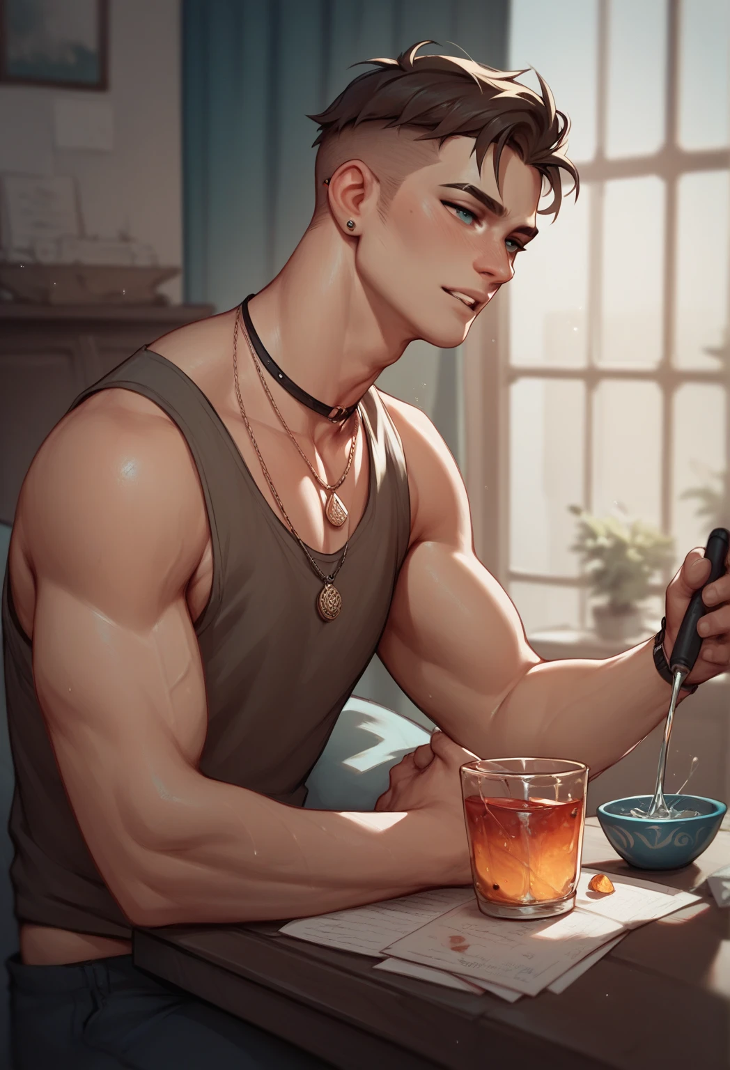35-year-old young man cooking 、The background is my kitchen 、Short Hair、Masculine、Crew cut、detailed expression、