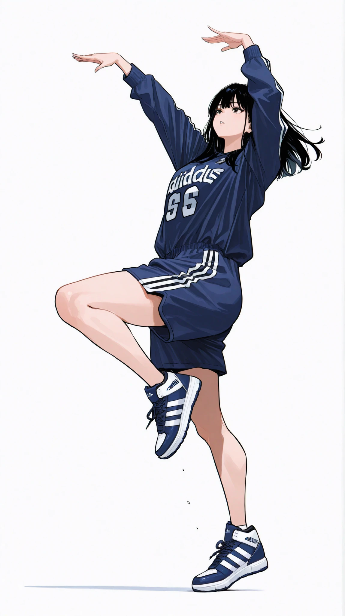 Japanese woman, long black hair, navy blue jersey,Adidas tech sneakers, Pose, Dynamic Jumping、drive、basketball、 ダイナミックなPose, random background, white background/