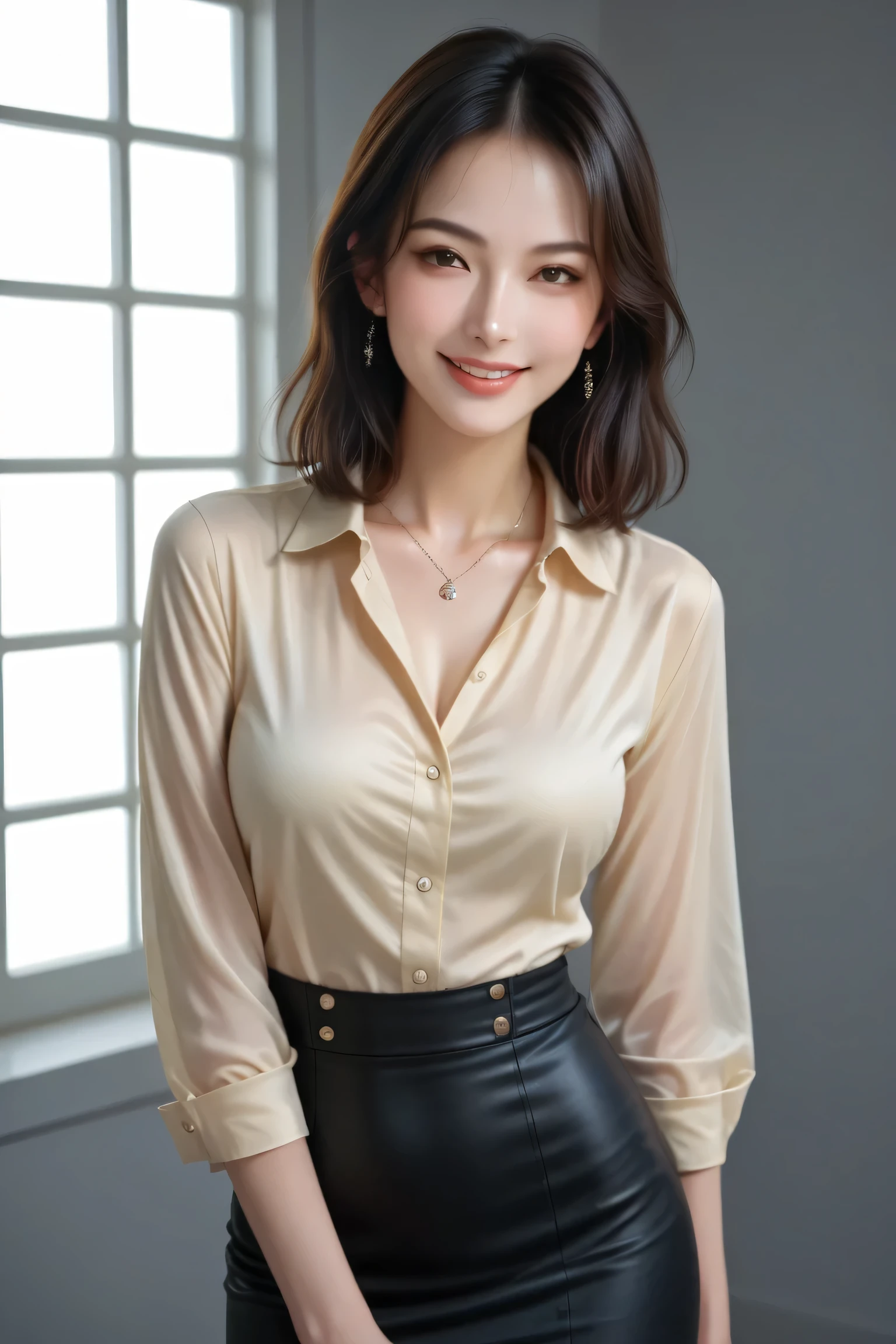 score_9, score_8_up, score_7_up, masterpiece, best quality, 1girl, Japanese woman, early 40s, cowboy shot, beautiful face, confident pose,
light yellow silk blouse, tight black mini skirt, refined silhouette,
intelligent smile, full lips, soft wavy black hair, porcelain skin,
minimalist gallery background, soft dramatic lighting, direct gaze, sensual & intellectual