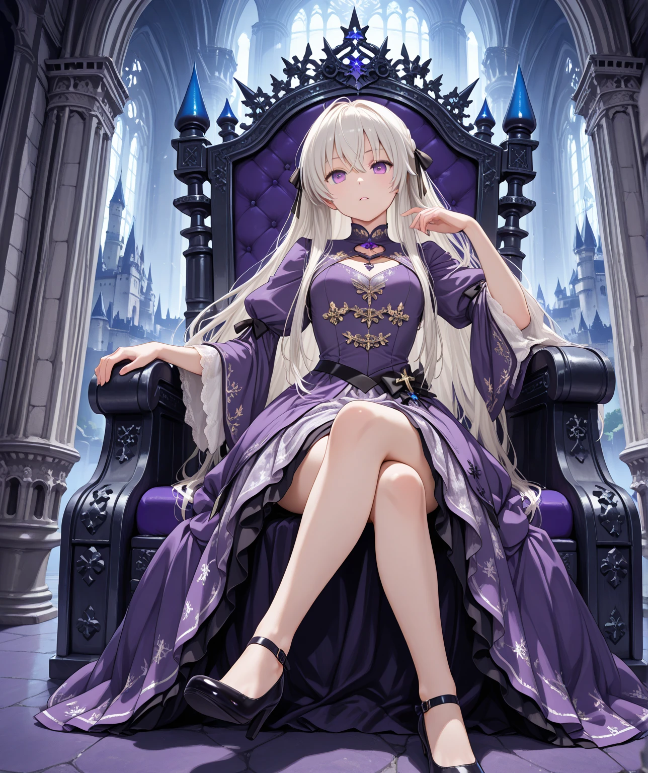 ((((Queen　Sitting on the throne))))　(((Gray Hair　short hair　blue eyes　woman　Center close-up)))，((Stained glass　tiara　Excalibur))，(Black Dress　Wearing a cloak)，smile　Showing teeth　Shining Background　Shining Edges