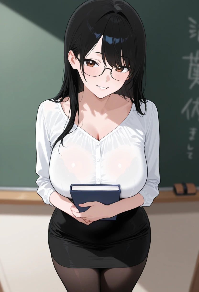 score_9, score_8_up, score_7_up, score_6_up, score_5_up, score_4_up, BREAK, source_anime, anime screencap, anime coloring, a stiff-looking beautiful female teacher, detailed beautiful big brown eyes, , 36 years old, milf, black hair, skinny, One length medium bob hair, asymmetry_bangs, forehead, hair behind ear, Wears glasses, white shirts, short sleeves, black micro skirt, skintight, zettai ryouiki thighhighs, teaching in front of the blackboard, holding a chalk and a textbook, smile, classroom, thigh gap, many students