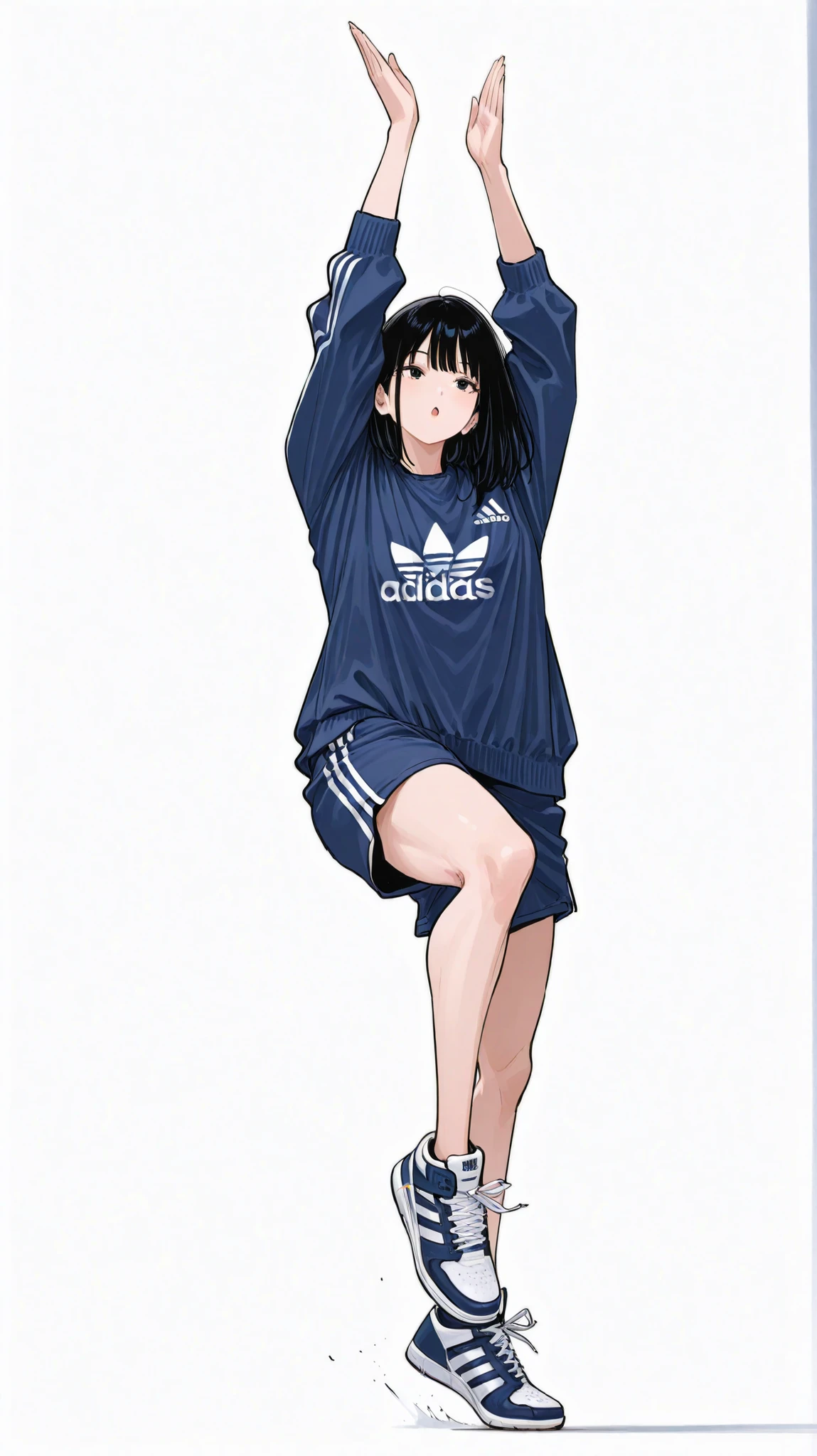 Japanese woman, long black hair, navy blue jersey,Adidas tech sneakers, Pose, Dynamic Jumping、Demonstration、ダイナミックなPose, random background, white background/ dynamic random composition 、anatomically correct、