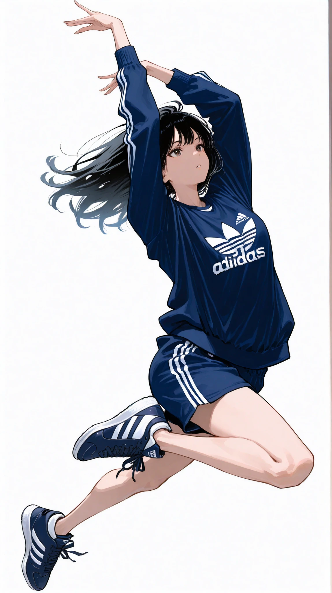 Japanese woman, long black hair, navy blue jersey,Adidas tech sneakers, Pose, Dynamic Jumping、Rhythmic gymnastics、ダイナミックなPose, random background, white background/ dynamic random composition 、anatomically correct、
