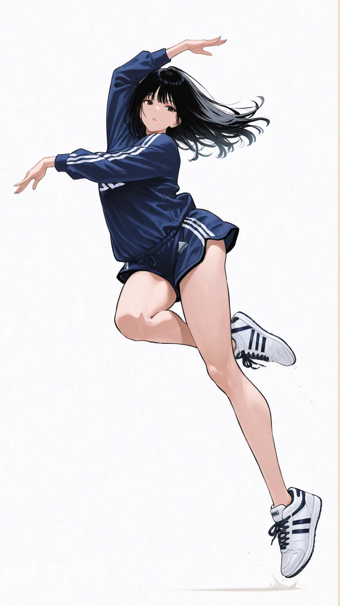 Japanese woman, long black hair, navy blue jersey,adidas Hi-Tech Sneakers, Pose, Dynamic Jumping、Rhythmic gymnastics、ダイナミックなPose, random background, white background/ dynamic random composition 、anatomically correct、