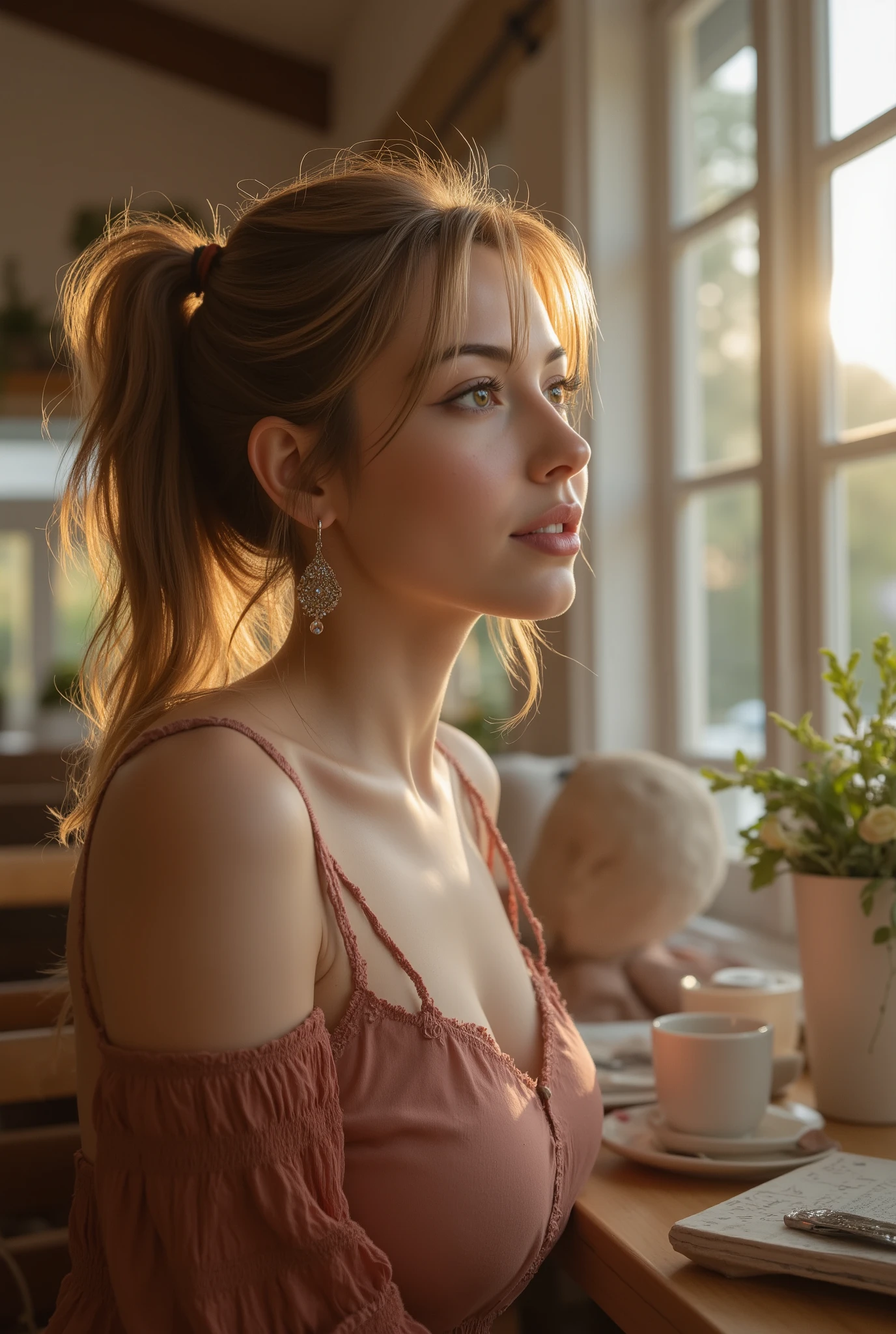 Quiet summer morning in a cafe, Beautiful woman about 25 years old looking out, Photorealistic, Masterpiece, Top quality, Raw image, Detailed face, Attractive face, Dynamic pose.