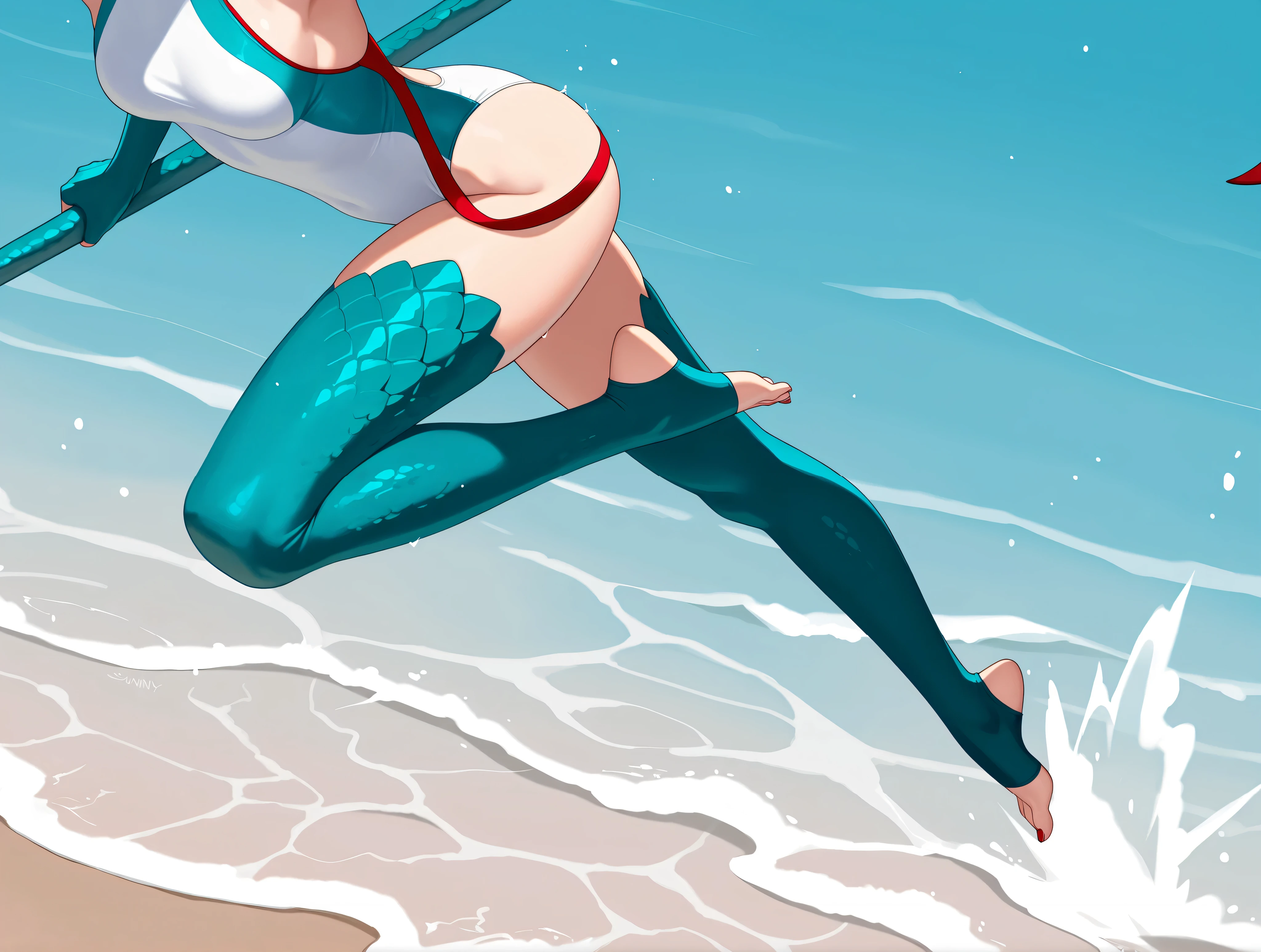 masterpiece, high quality, woman, lower body, jumping in mid-air, mature, (tall), epic pose, athletic built, medium breasts, beautiful, wearing (white) one-piece swimsuit with teal and red accents, teal thigh highs, (yellow masquerade mask), bare_shoulders, teal dragon scales on thigh highs, on sandy beach, ocean, sunny day,