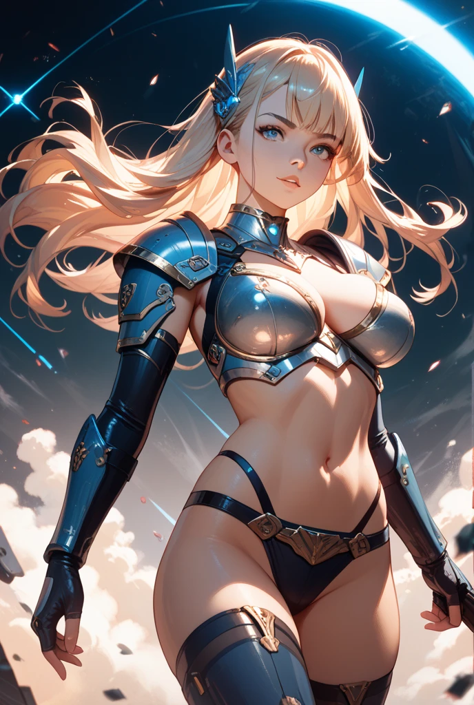(Adult women:1.5)、Very detailed、highest quality、Best image quality、masterpiece、8k、Anime Face、A kind smile、Open your mouth、Sparkling blue eyes、(Blonde Wavy Hair:1.5)、、Muscles of the whole body、camisole、Thigh belt、mini skirt、(Wearing white ?????? armor:1.5)、(Cowboy Shot:1.5)、(Leg armor:1.5)、(Wearing a helmet:1.5)