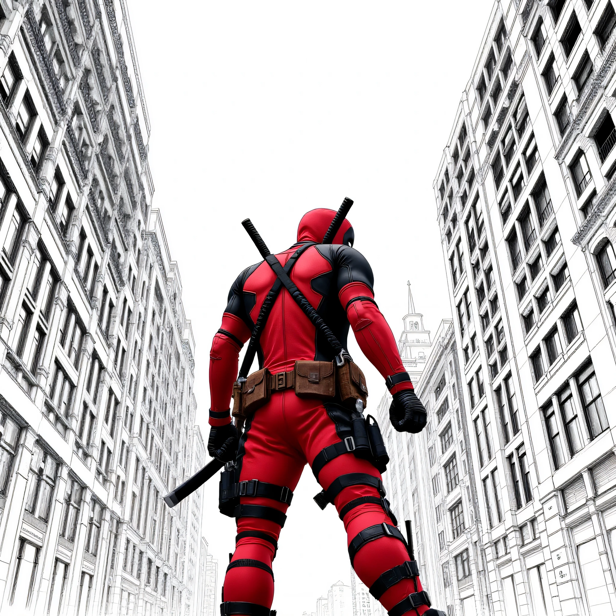 "Create a highly stylized comic-book illustration of Deadpool standing in the middle of a narrow city street, viewed from a dramatic low-angle perspective. The scene should be tilted slightly for a dynamic, action-packed feel. Deadpool is in his iconic red and black suit with detailed textures, straps, pouches, and twin katanas on his back and in hand. His pose is confident and slightly turned, looking over his shoulder.
The surrounding buildings are tall, densely packed skyscrapers drawn in intricate black-and-white linework with heavy inking and detailed architectural features. Use a graphic novel style with no colors on the background buildings-just inked line art and shading to create contrast. The sky is left pure white to enhance the foreground focus.
Maintain strong contrast between Deadpool's vivid colors and the monochrome, detailed city backdrop. Include fine hatching, clean outlines, and exaggerated perspective for a gritty, immersive urban comic aesthetic.