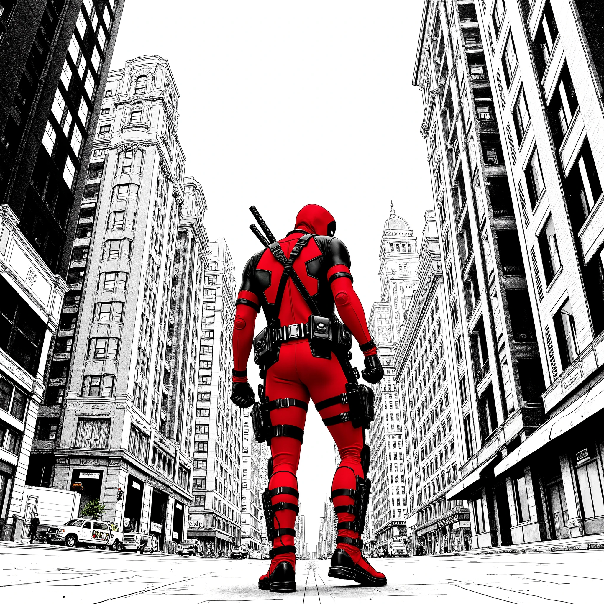 "Create a highly stylized comic-book illustration of Deadpool standing in the middle of a narrow city street, viewed from a dramatic low-angle perspective. The scene should be tilted slightly for a dynamic, action-packed feel. Deadpool is in his iconic red and black suit with detailed textures, straps, pouches, and twin katanas on his back and in hand. His pose is confident and slightly turned, looking over his shoulder.
The surrounding buildings are tall, densely packed skyscrapers drawn in intricate black-and-white linework with heavy inking and detailed architectural features. Use a graphic novel style with no colors on the background buildings-just inked line art and shading to create contrast. The sky is left pure white to enhance the foreground focus.
Maintain strong contrast between Deadpool's vivid colors and the monochrome, detailed city backdrop. Include fine hatching, clean outlines, and exaggerated perspective for a gritty, immersive urban comic aesthetic.