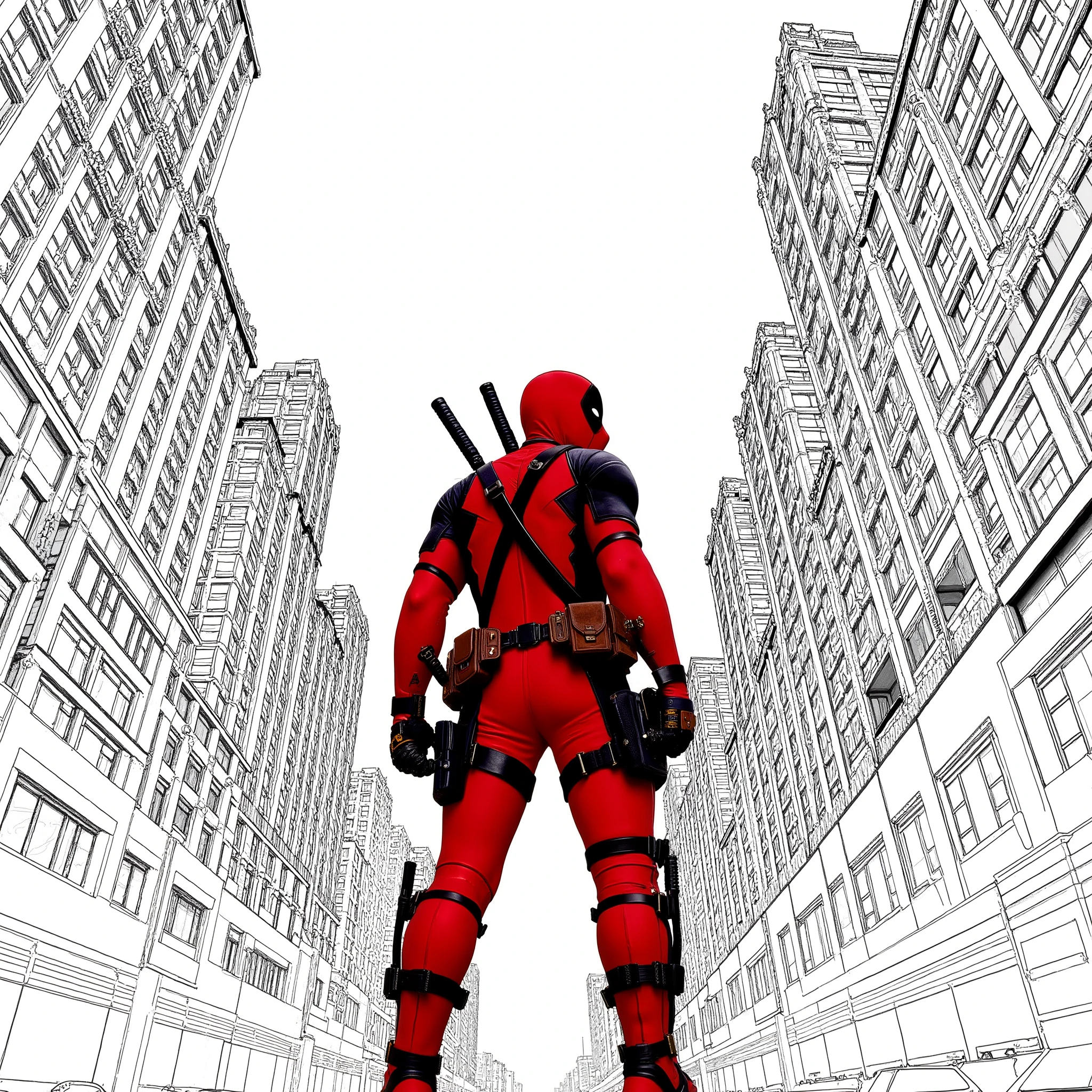 "Create a highly stylized comic-book illustration of Deadpool standing in the middle of a narrow city street, viewed from a dramatic low-angle perspective. The scene should be tilted slightly for a dynamic, action-packed feel. Deadpool is in his iconic red and black suit with detailed textures, straps, pouches, and twin katanas on his back and in hand. His pose is confident and slightly turned, looking over his shoulder.

The surrounding buildings are tall, densely packed skyscrapers drawn in intricate black-and-white linework with heavy inking and detailed architectural features. Use a graphic novel style with no colors on the background buildings-just inked line art and shading to create contrast. The sky is left pure white to enhance the foreground focus.

Maintain strong contrast between Deadpool's vivid colors and the monochrome, detailed city backdrop. Include fine hatching, clean outlines, and exaggerated perspective for a gritty, immersive urban comic aesthetic.
