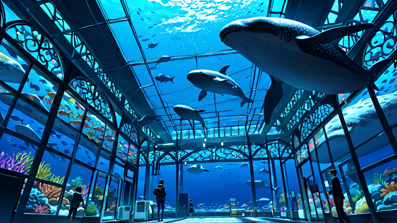 Shark-themed nightclub. Fish tank with a white shark and a hammerhead shark((realist)) 