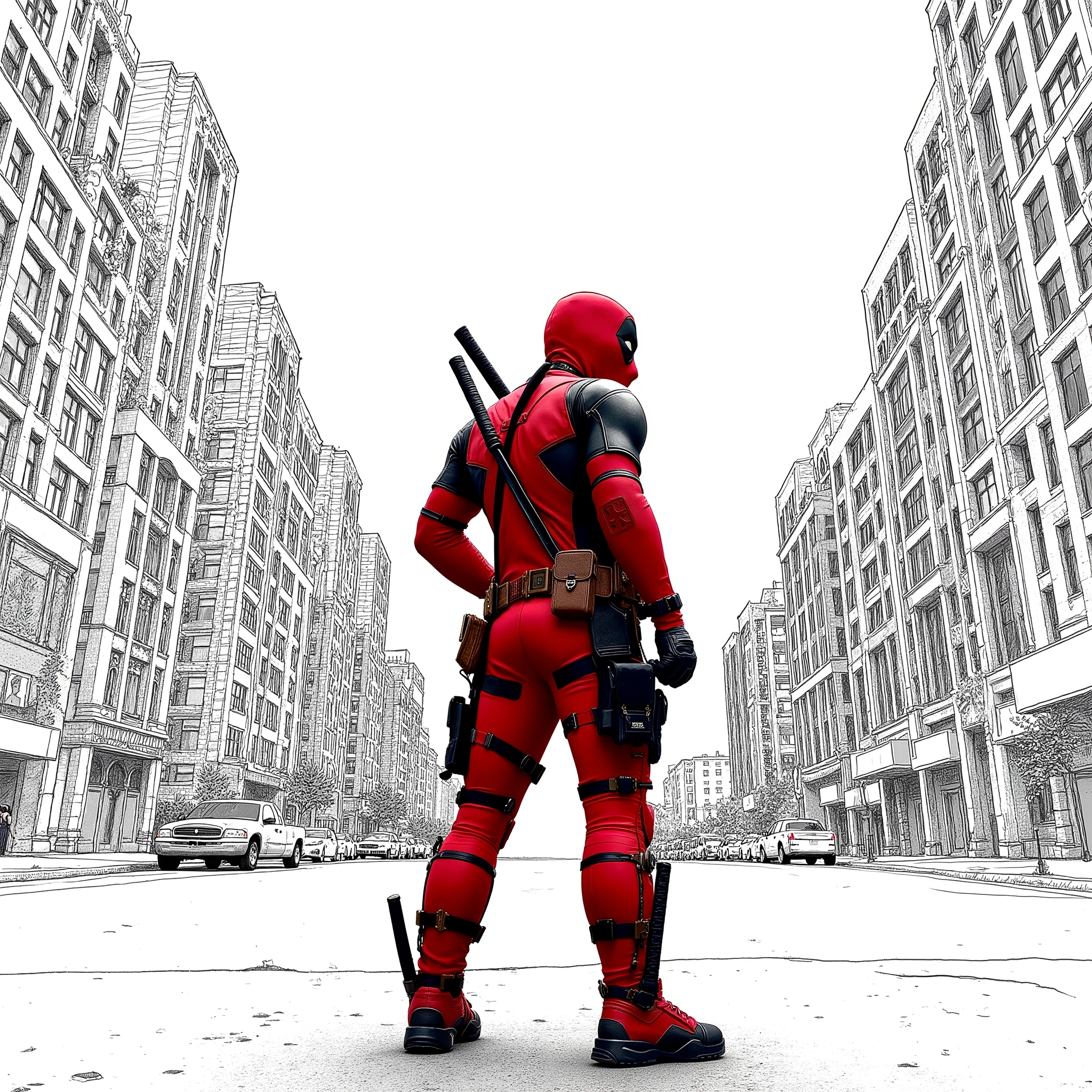 "Create a highly stylized comic-book illustration of Deadpool standing in the middle of a narrow city street, viewed from a dramatic low-angle perspective. The scene should be tilted slightly for a dynamic, action-packed feel. Deadpool is in his iconic red and black suit with detailed textures, straps, pouches, and twin katanas on his back and in hand. His pose is confident and slightly turned, looking over his shoulder.

The surrounding buildings are tall, densely packed skyscrapers drawn in intricate black-and-white linework with heavy inking and detailed architectural features. Use a graphic novel style with no colors on the background buildings-just inked line art and shading to create contrast. The sky is left pure white to enhance the foreground focus.

Maintain strong contrast between Deadpool's vivid colors and the monochrome, detailed city backdrop. Include fine hatching, clean outlines, and exaggerated perspective for a gritty, immersive urban comic aesthetic.