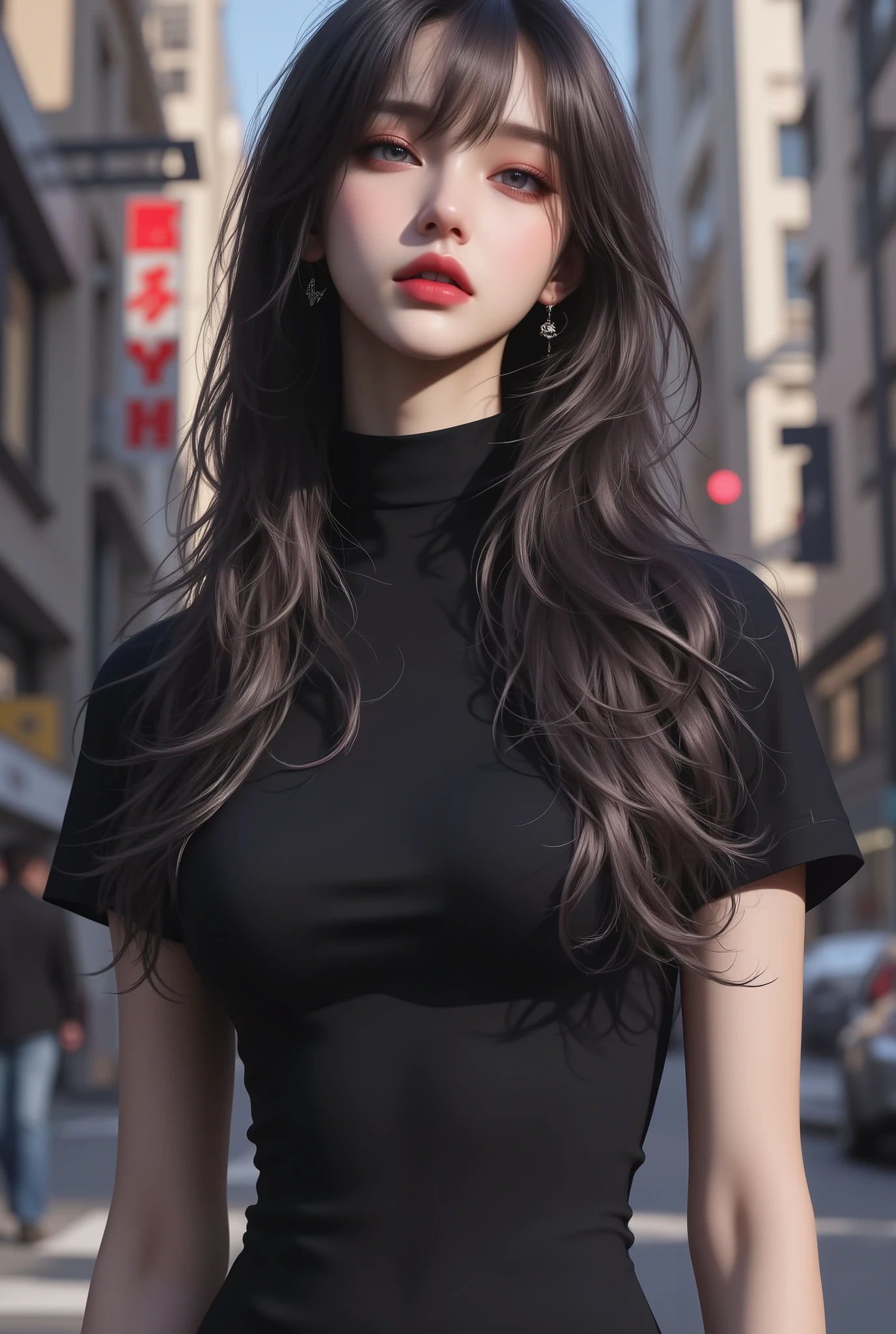 photorealistic、realistic skin texture、gun、extremely tight thin special forces suit、not wearing a jacket、beautiful long hair、Dusky Cyberpunk City、Beautiful Thin Violet Eyes、Black hair with slightly purple tips、thin waist、gun口はカメラに