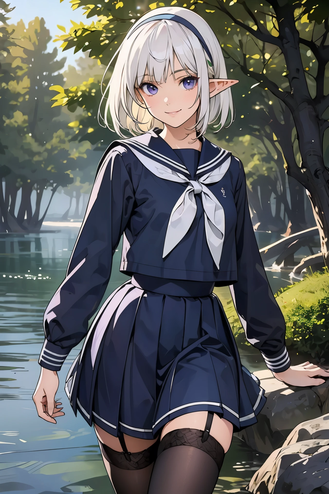 sailor uniform, sailor suit next to the eye, One Woman, (white hair band:1.4), baake, (Beautiful Women, Delicate schoolgirl:1.3), 8k, Highest Quality, masterpiece, Super Detailed, ultra high res, realistic, Original photo, absolute resolution, dark haired, long hair, small face compared to the body, very small face, Elf Girl, (green hair:1.4), pointed ears, 紺色のsailor suit next to the eye, dark blue skirt, animated 2D rendering, realistic若いアニメの女子高生, , small breasts, tall, fishing eye, purple eyes, black stockings, garter belt, smile, Forest,