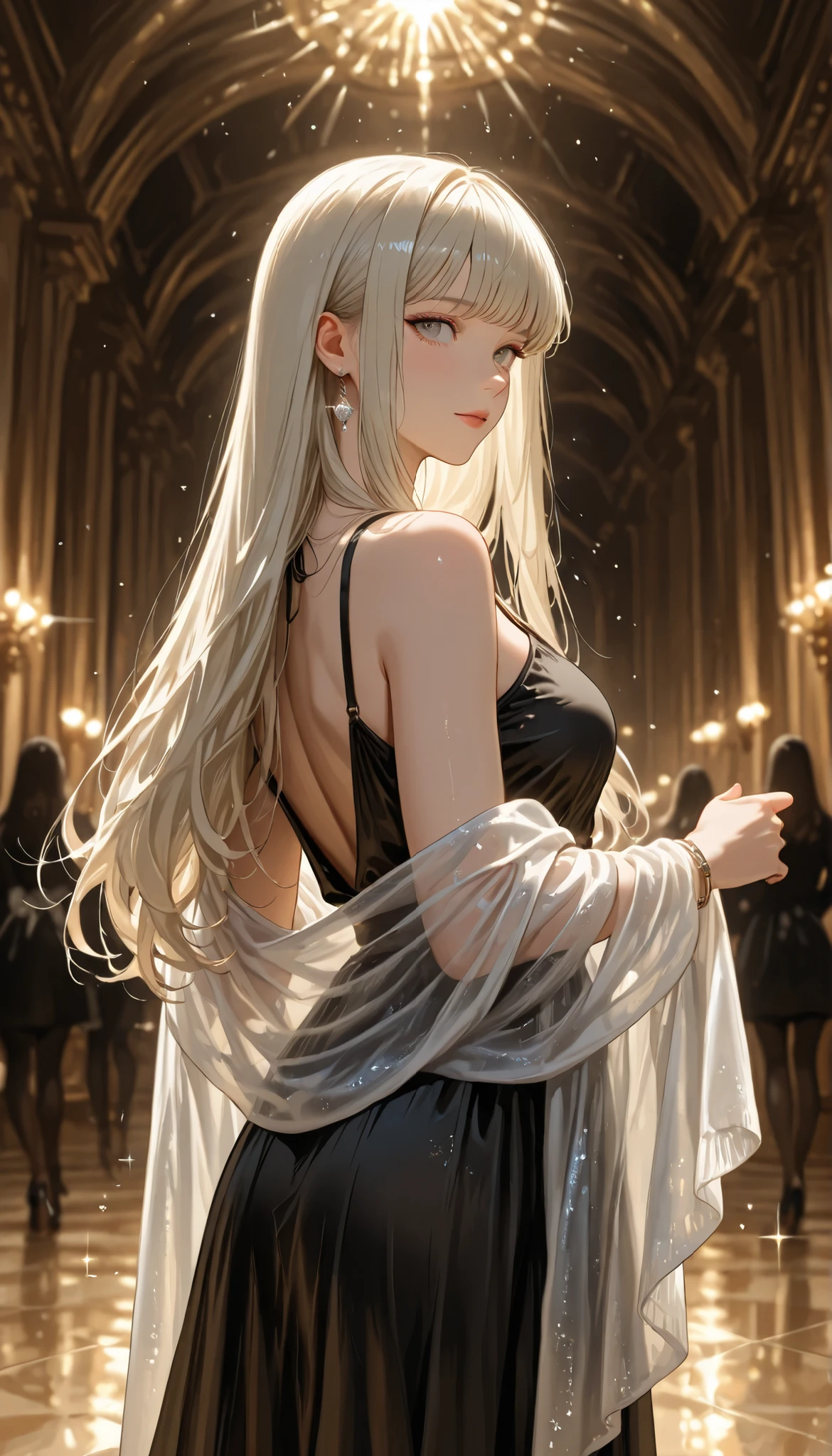 RAWPicture, Picture, realistic, 8K vivid Picture of a woman in party hall, she is most beautiful diva, 超details, details, Dramatic Lights, detailsな肌, character boundary depth, Sparkling、sparkle、Shadows 、grey eyes, ((black dress、loose fit dress and shawl、A body silhouette that can be seen through)), Backlight、From the side, beautiful eyes, fantastic water and ice themed backgrounds and cool girls。A symbol of lookism