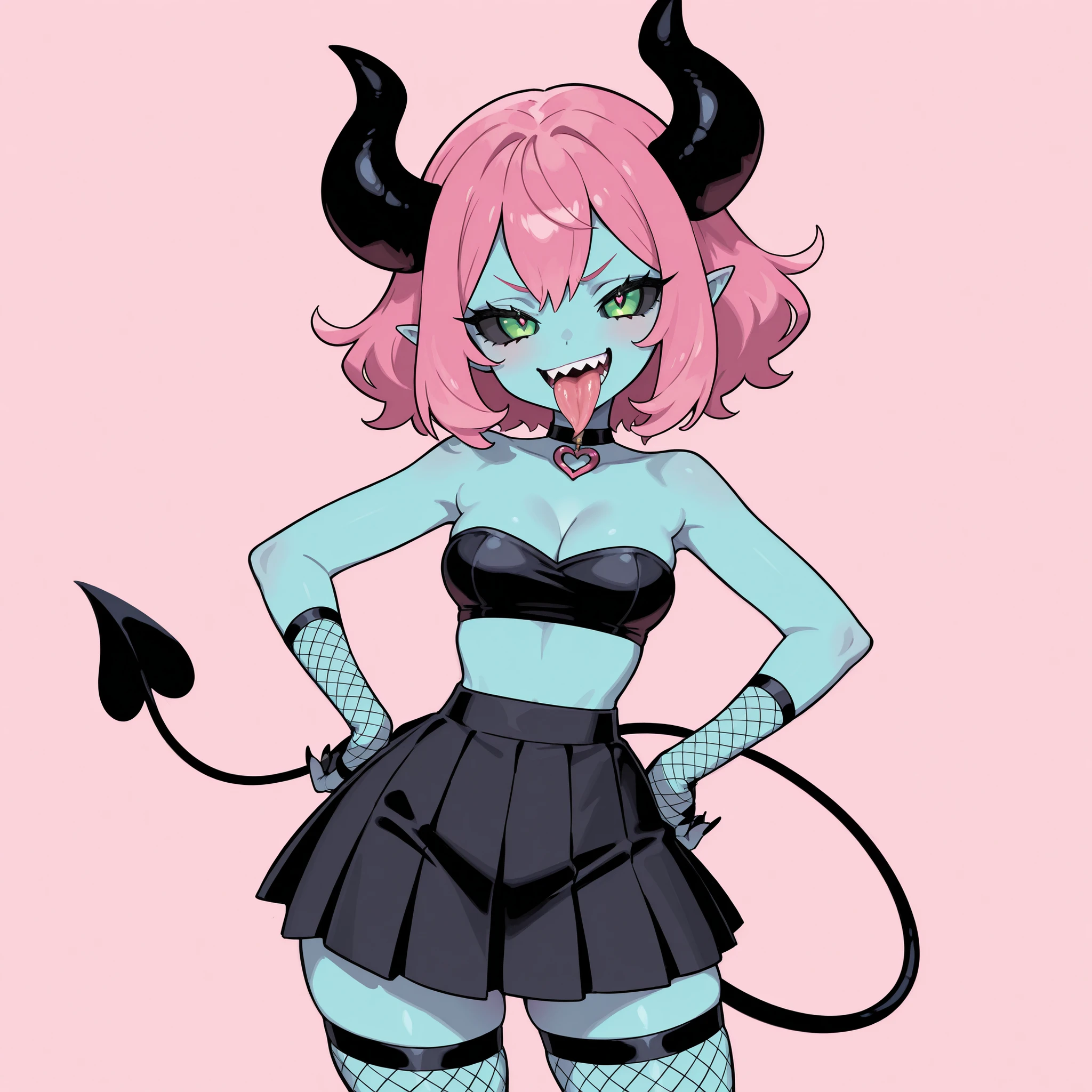 masterpiece, ultra-HD, impressionism, high detail, best quality, very aesthetic, 8K, best quality, beautiful, ultra-high resolution, 32K UHD, sugimorixd, 1girl, solo, succubus, long messy pink hair, almond-shaped eyes, black sclera, green eyes, eyelashes, black eyeliner, pink lips, sharp teeth, long tongue, sharp nails, black nails, pointy ears, demon horns, demon tail, turquoise skin, medium breasts, wide hips, narrow waist, thick thighs, shapely legs, slim, petite, black bandeau, cleavage, bare shoulders, fishnet gloves, black pleated skirt, fishnet stockings, heart-shape choker, blushed, smirk, smug, mocking, open mouth tongue out, cute, hands on hips, standing, looking at the viewer, simple background, front view