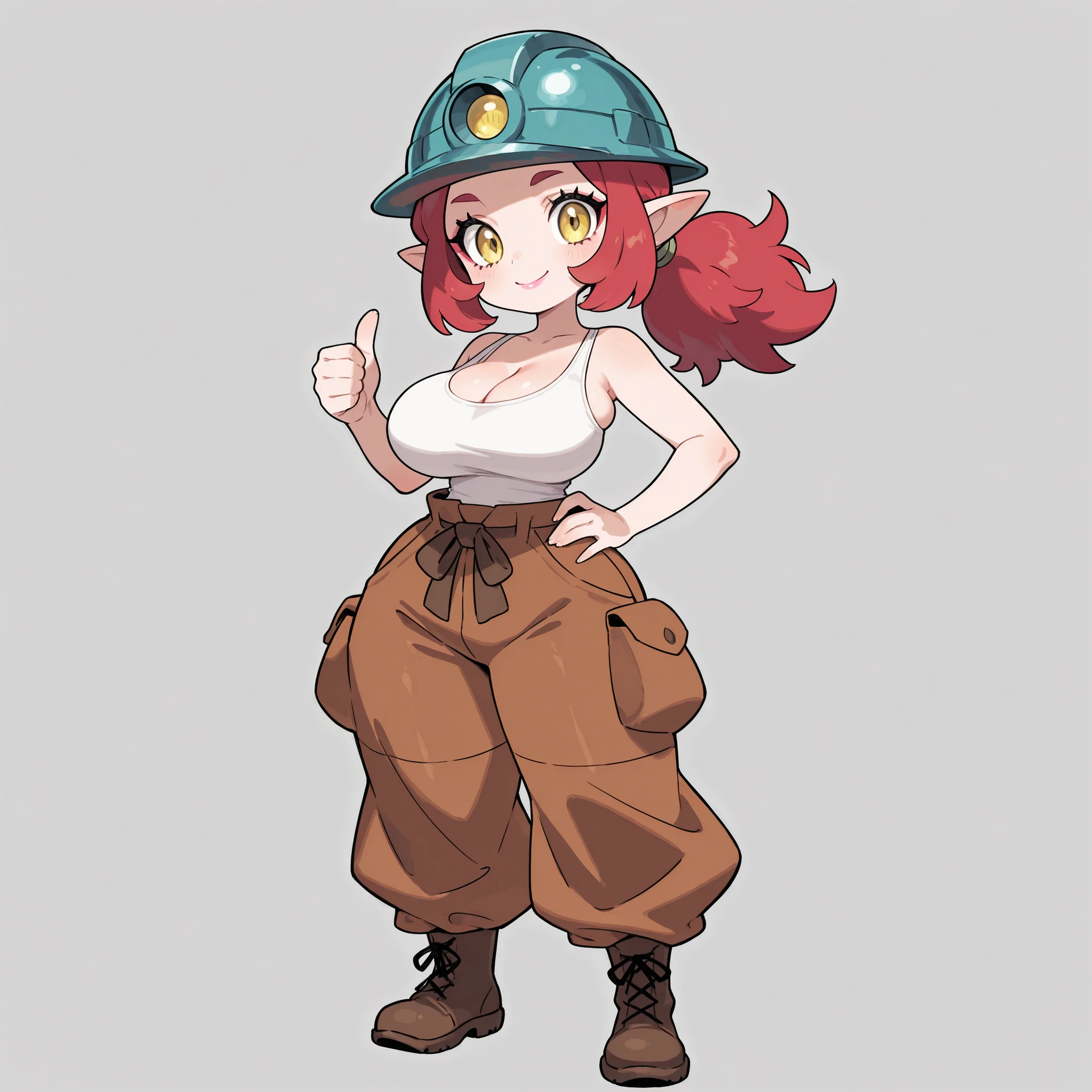masterpiece, ultra-HD, impressionism, high detail, best quality, very aesthetic, 8K, best quality, beautiful, ultra-high resolution, 32K UHD, sugimorixd, 1woman, solo, short messy red hair, ponytail, almond-shaped eyes, yellow eyes, eyelashes, eyeliner, pointy ears, pink lips, big breasts, narrow waist, wide hips, thick thighs, shapely legs, slim, shortstack, white tank top, cleavage, brown baggy pants, brown boots, miner helmet, blushed, smile, cute, hand on hips, thumbs up, standing, full body, looking at the viewer, simple background, front view