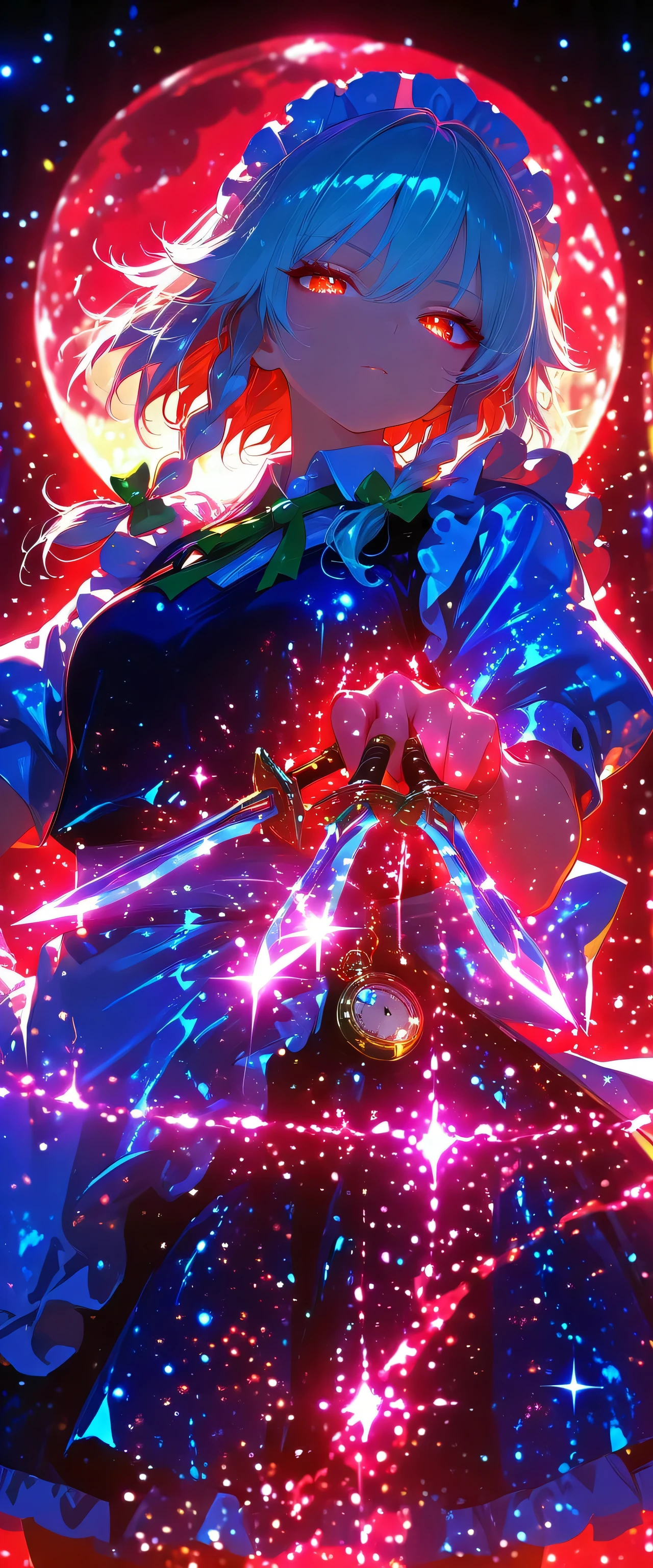 touhou project,Izayoi Sakuya,(beautiful girl: 1.3),masterpiece,Ultra-high resolution,Rich contrast,Very high quality,8k,Highly detailed CG unit wallpaper,Texture,So ridiculous,RAW Photos,Depth of written boundary 1.2,ultra-detailed eyes,Glowing Skin,Glitter Effect,Beautiful glossy lips,Circular Bokeh,(backlighting:1.2),Scarlet Devil Hall,0__11Xx_illu,pocket watch, knives between fingers,dynamic composition,Red as the base color