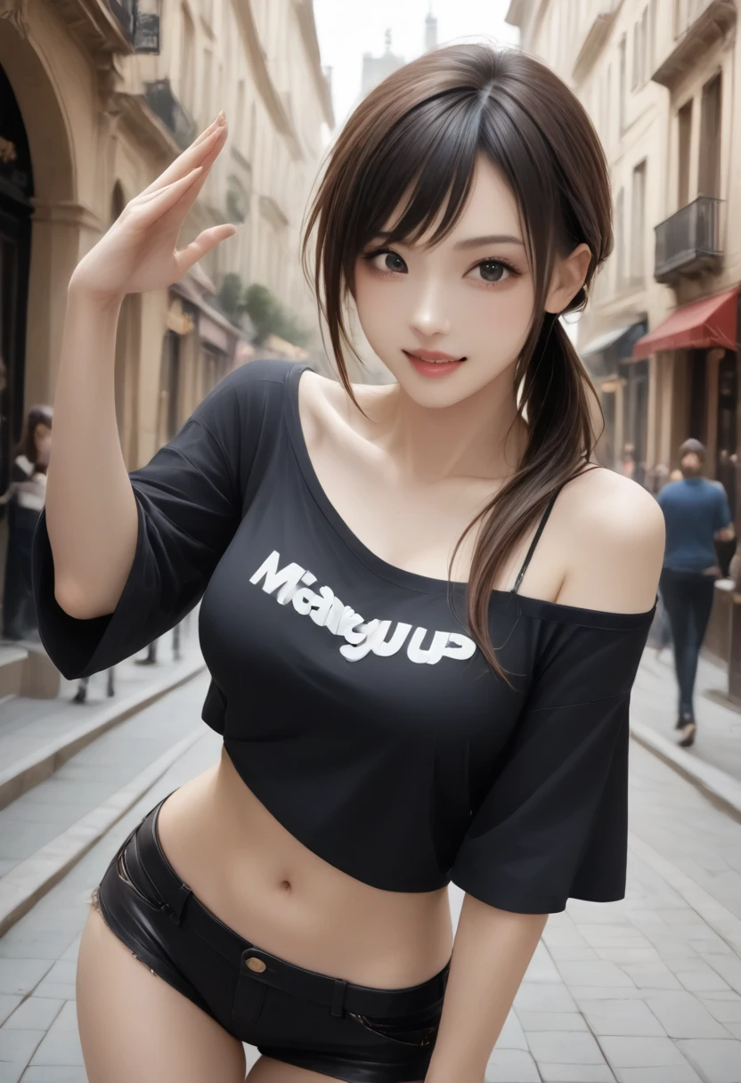 (RAW photogr:1.2), (Photorealistic:1.4), 1girl huge , 18 years old,lovly，dollface，The most beautiful girl,Goose egg face，Oval face，Fleshy on the face，Good facial features，Sweet smiling，The smile and the eyes are charming and attractive，beautiful detailed girl, very detailed eyes and faces, Beautiful detailed eyes, ultra detali, A high resolution, abundantly detailed，best quailty，tmasterpiece，illustratio，abundantly detailed，CG，unified，8K wallpapers，finely detailled，tmasterpiece，best quailty， Wallpapers，light in face，Movie lighting， tops：Gray loose short-sleeved T-shirt，The style is simple and comfortable，Paired with a printed monogram，Add a sense of sportiness。
Manteau：Black cropped track jacket，Wear it with a hat and zipper，Demonstrate health and vitality。
pant suit：Black denim shorts，Defining the leg line，Show youthful vitality。
shoe：black sneaker shoes，Comfortable and lightweight，Add a sporty touch。
Accessories：Black backpack，Wear it with a white sports bracelet，Highlight the athleisure style。（No leakage），The body is fleshy，（looking to the camera）,Black ponytail，hair flowing，Slightly fat 0.8，perfect body figure，Standing position，Medium view，The background is a beautiful view of random different scenes。