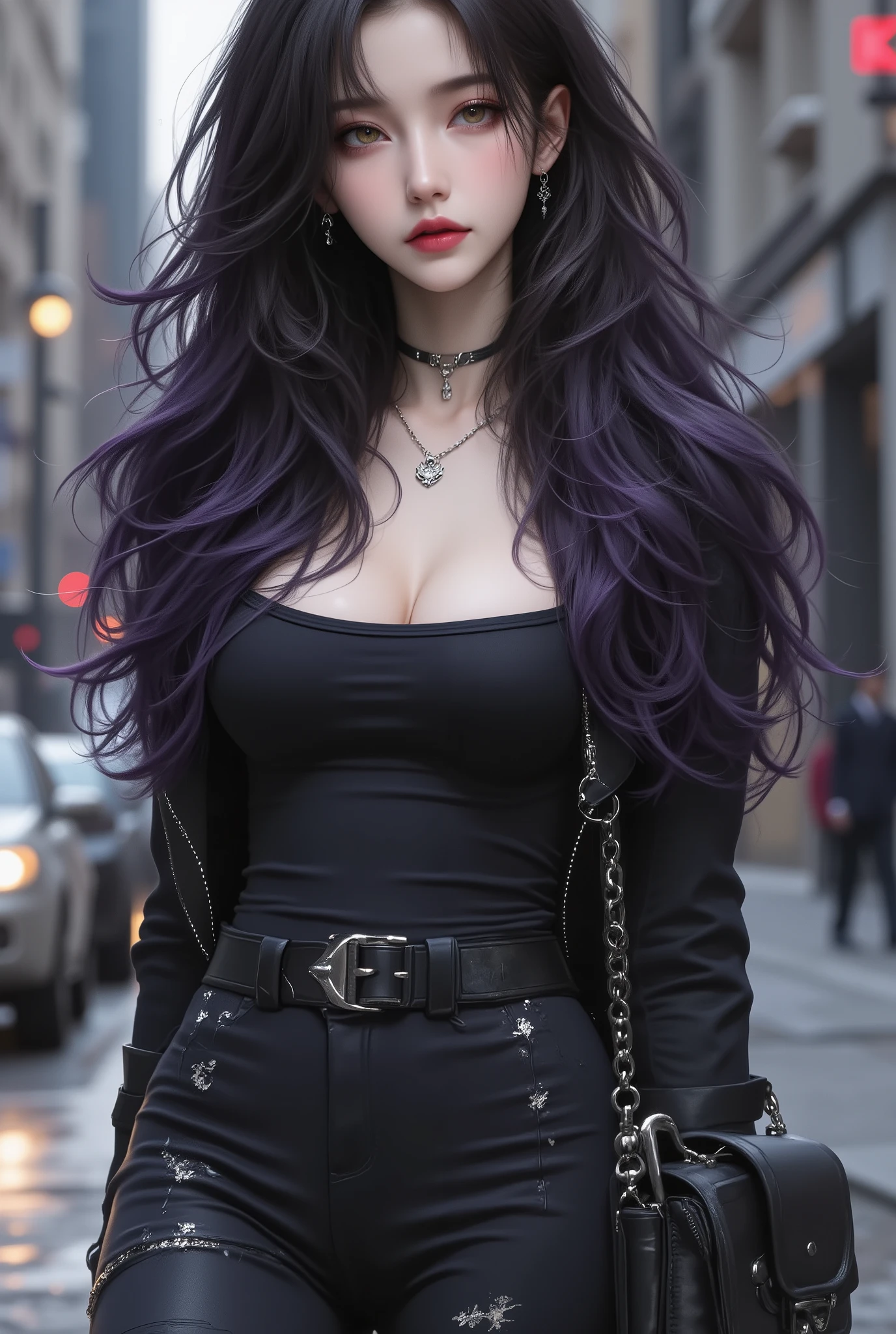 photorealistic、realistic skin texture、gun、Extremely Tight Cyberpunk Catsuit、beautiful long hair、Dusky Cyberpunk City、Beautiful Thin Violet Eyes、Black hair with slightly purple tips、thinウエスト、Beautiful Standing、Equipped on a Belt、thin、style is good、