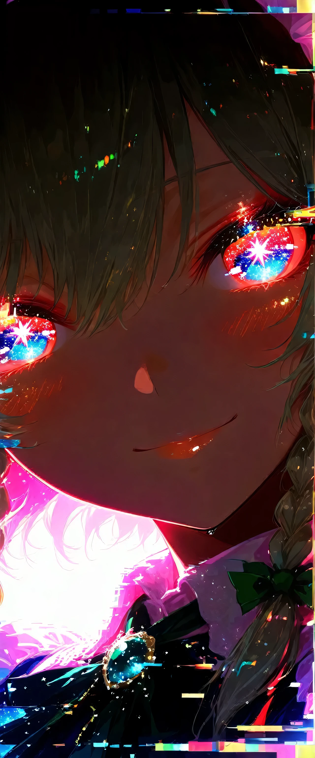 touhou project,Izayoi Sakuya,(beautiful girl: 1.3),masterpiece,Ultra-high resolution,Rich contrast,Very high quality,8k,Highly detailed CG unit wallpaper,Texture,So ridiculous,RAW Photos,Depth of written boundary 1.2,ultra-detailed eyes,Glitter Effect,Beautiful glossy lips,Circular Bokeh,(backlighting:1.2),Scarlet Devil Hall,0__11Xx_illu,,dynamic composition,((glitch,multicolor glitch,neon)),(close up:1.8),weak,smile,blush