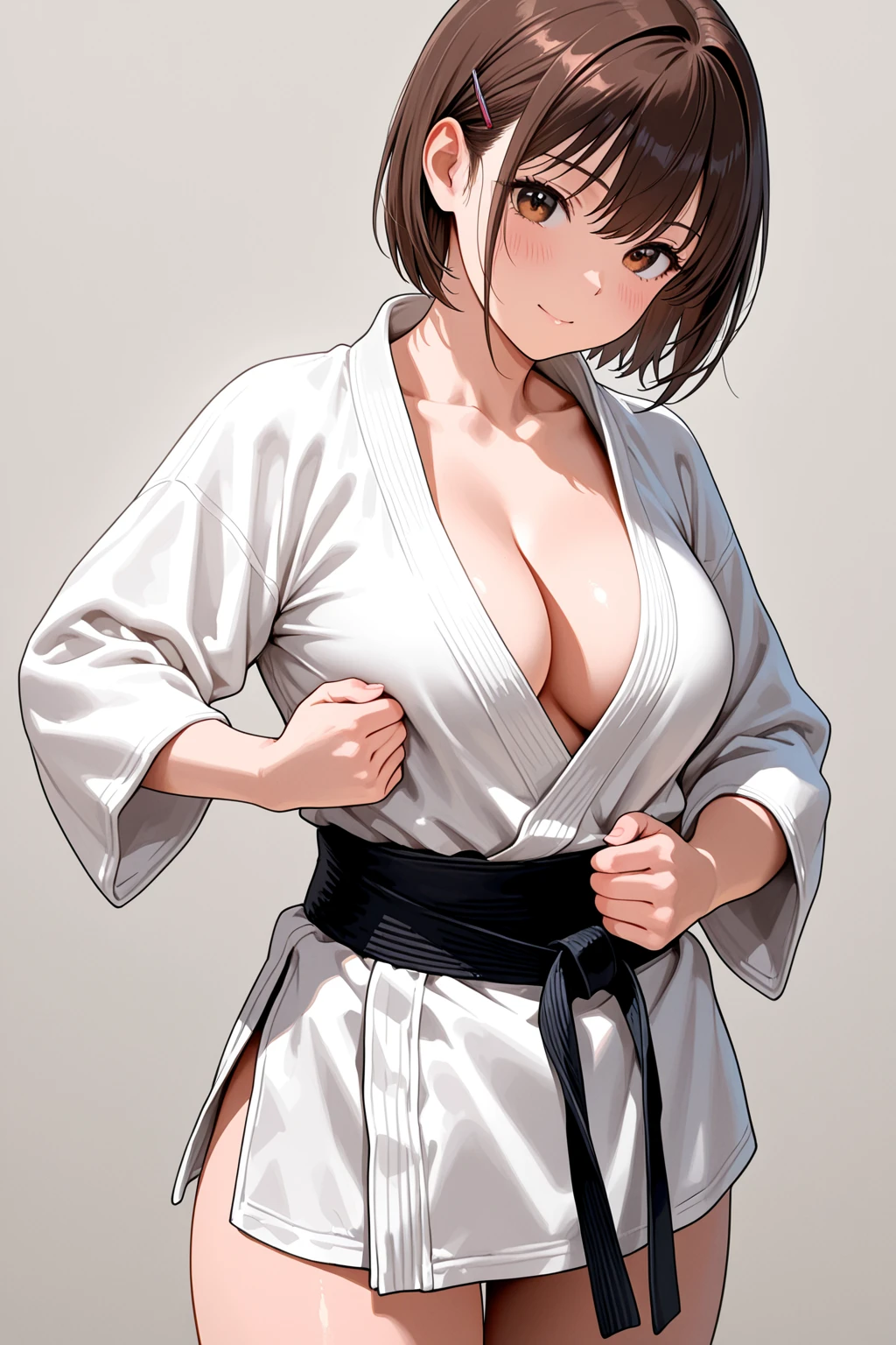 score_9, score_8_up, score_7_up, perfect face, perfect eyes, detailed face, detailed eyes, 1girl, solo, breasts, smile, short hair, bangs, large breasts, simple background, purple hair, white background, (brown eyes:1.5), wide hips, source_anime, karate gi