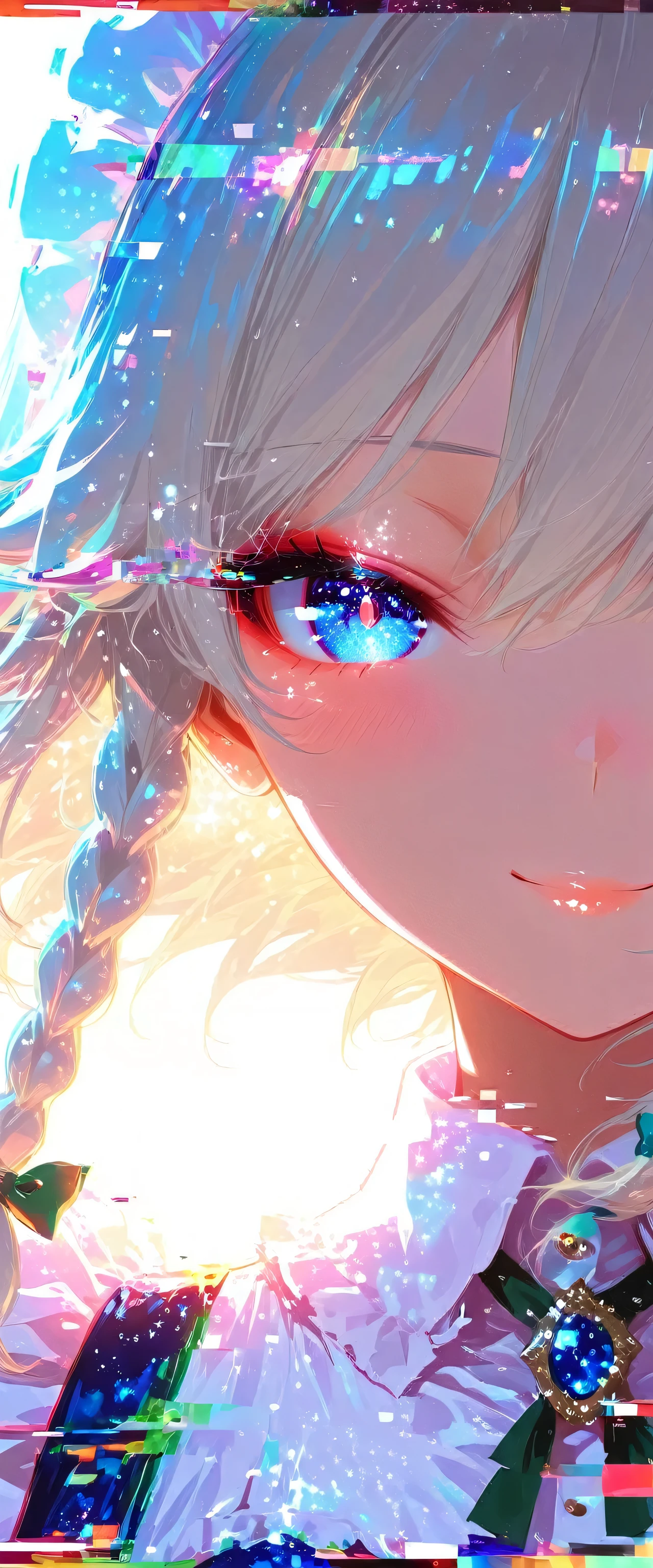 touhou project,Izayoi Sakuya,(beautiful girl: 1.3),masterpiece,Ultra-high resolution,Rich contrast,Very high quality,8k,Highly detailed CG unit wallpaper,Texture,So ridiculous,RAW Photos,Depth of written boundary 1.2,ultra-detailed eyes,Glitter Effect,Beautiful glossy lips,Circular Bokeh,(backlighting:1.2),Scarlet Devil Hall,0__11Xx_illu,,dynamic composition,((glitch,multicolor glitch,neon)),(close up:1.8),weak,smile,blush