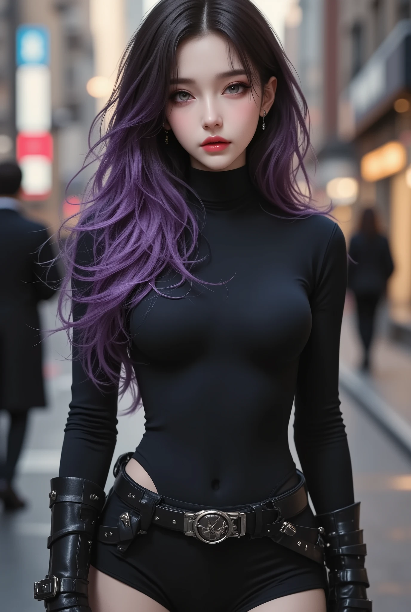 photorealistic、realistic skin texture、gun、Extremely Tight Cyberpunk Catsuit、beautiful long hair、Dim Cyberpunk City、Beautiful Thin Violet Eyes、Black hair with slightly purple tips、thinウエスト、Beautiful Standing、Equipped on a Belt、thin、style is good、Shoulder-width is not wide