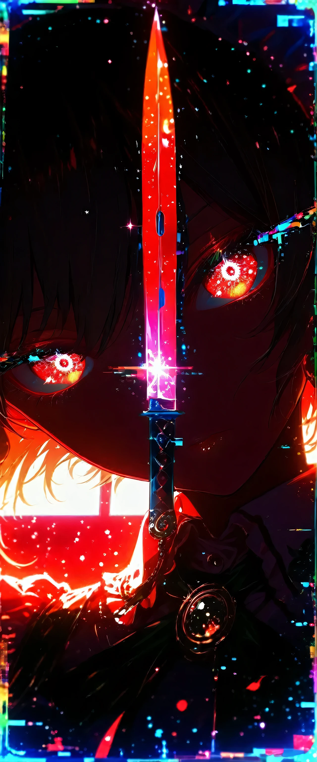 touhou project,Izayoi Sakuya,(beautiful girl: 1.3),masterpiece,Ultra-high resolution,Rich contrast,Very high quality,8k,Highly detailed CG unit wallpaper,Texture,So ridiculous,RAW Photos,Depth of written boundary 1.2,ultra-detailed eyes,Glitter Effect,Beautiful glossy lips,Circular Bokeh,(backlighting:1.2),Scarlet Devil Hall,0__11Xx_illu,pocket watch, knives between fingers,dynamic composition,Red as the base color,((glitch,multicolor glitch,neon)),(close up:1.8)