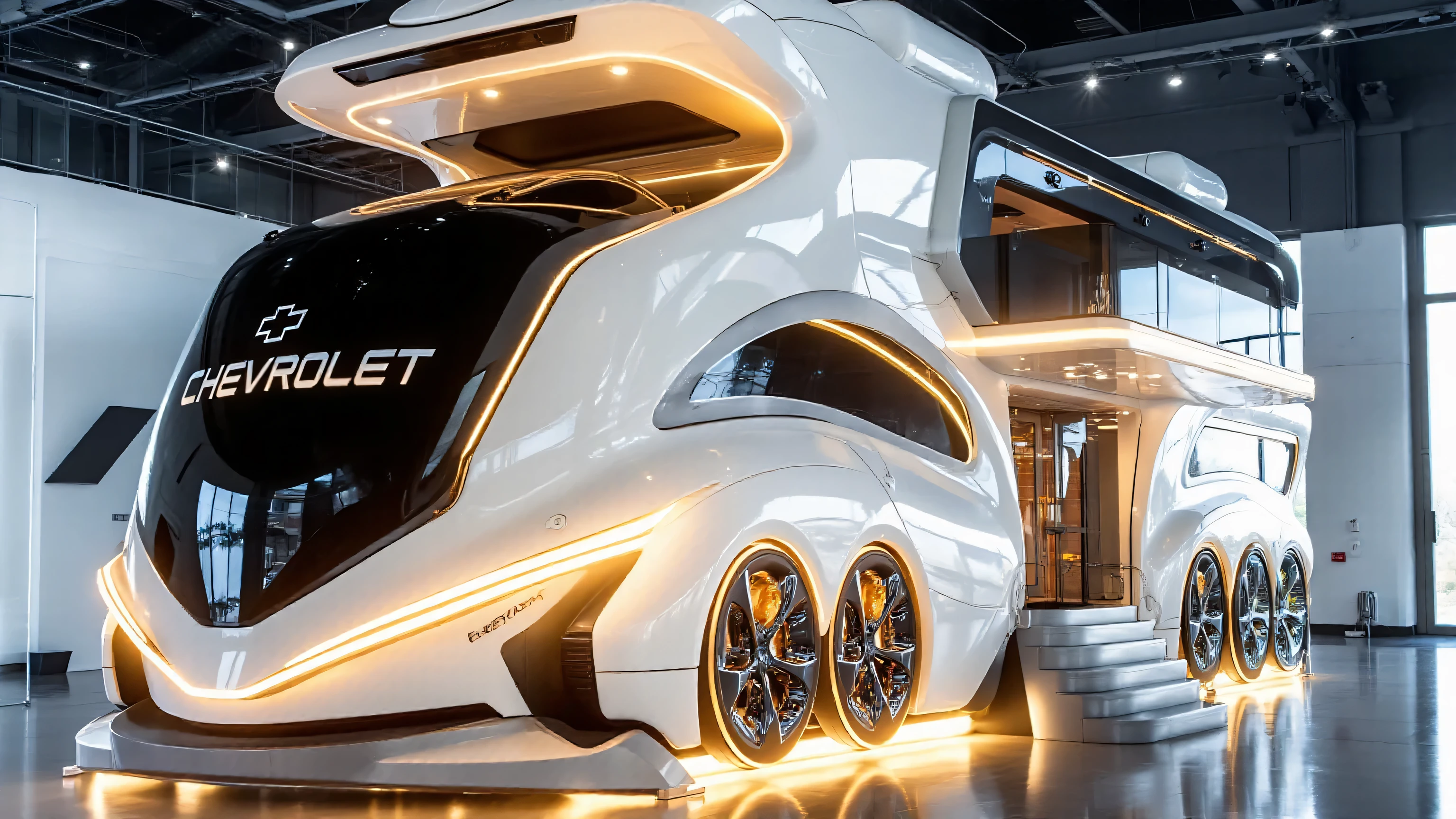 DE_style,A futuristic luxury motorhome displayed inside a spacious modern showroom with high ceilings, large lights, and wide open floor space. The motorhome is sleek, aerodynamic, and futuristic in design, with a glossy white exterior and sharp, flowing lines. The front windshield is huge, black-tinted, and curved, with glowing LED outlines around it. The text “CHEVROLET” is written prominently on the front windshield along with the Chevrolet logo. The motorhome has six large black wheels with chrome rims, positioned in three sets on each side. LED lights run along the bottom edges, glowing warmly in yellow-gold, and the entry staircase is illuminated with matching LED step lights. The upper level features a balcony with a black railing, extending outward like a luxury apartment terrace. Windows are tinted black and shaped with futuristic geometric angles, some triangular and trapezoidal. The roof has smooth rounded edges with built-in LED lighting. The background shows a wide, modern showroom interior with clean white walls, polished grey floors, and reflective surfaces, enhancing the luxurious atmosphere.