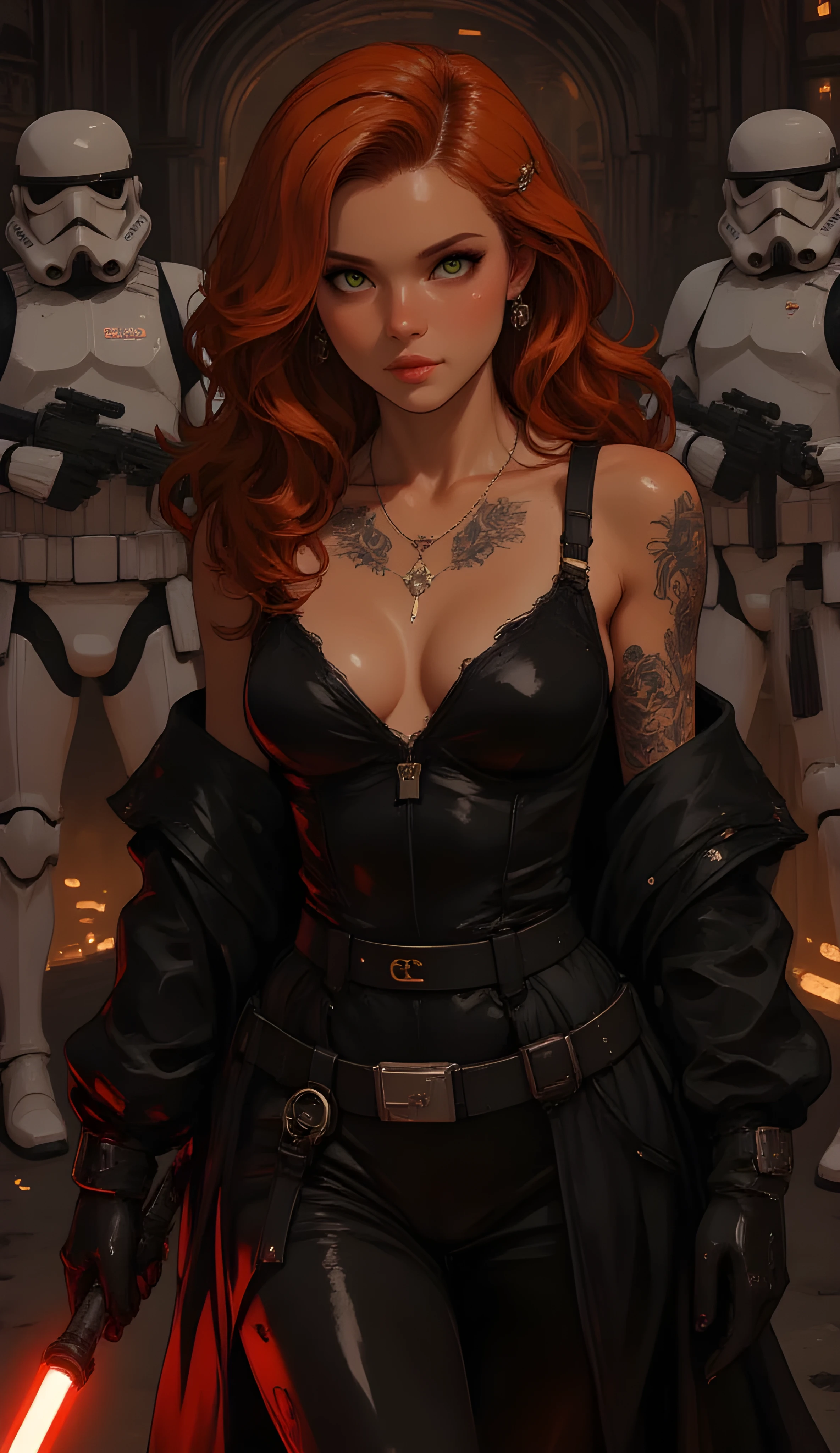 Score_9, score_8_up, score_7_up, ((highest quality)), ((masterpiece)), Perfect Face, (High definition), (Best Shadow), 8k, cinematic. a woman sith,Mara Jade, beautiful woman, red wavy hair, green eyes and white skin, black tattooed body, wears the classic sith tunic, sexy and open on the breast, long black coat, smiles slyly, waiting for an attack, red lightsaber in hand, perfect hands, perfect detailed lightsaber, in the background two stormtrooper in the tie fighter hangar on Black Death, ultra detail, photorealistic, no reflection, perfect details, perfect symmetry, studio lightening, hyper realistic, 4k