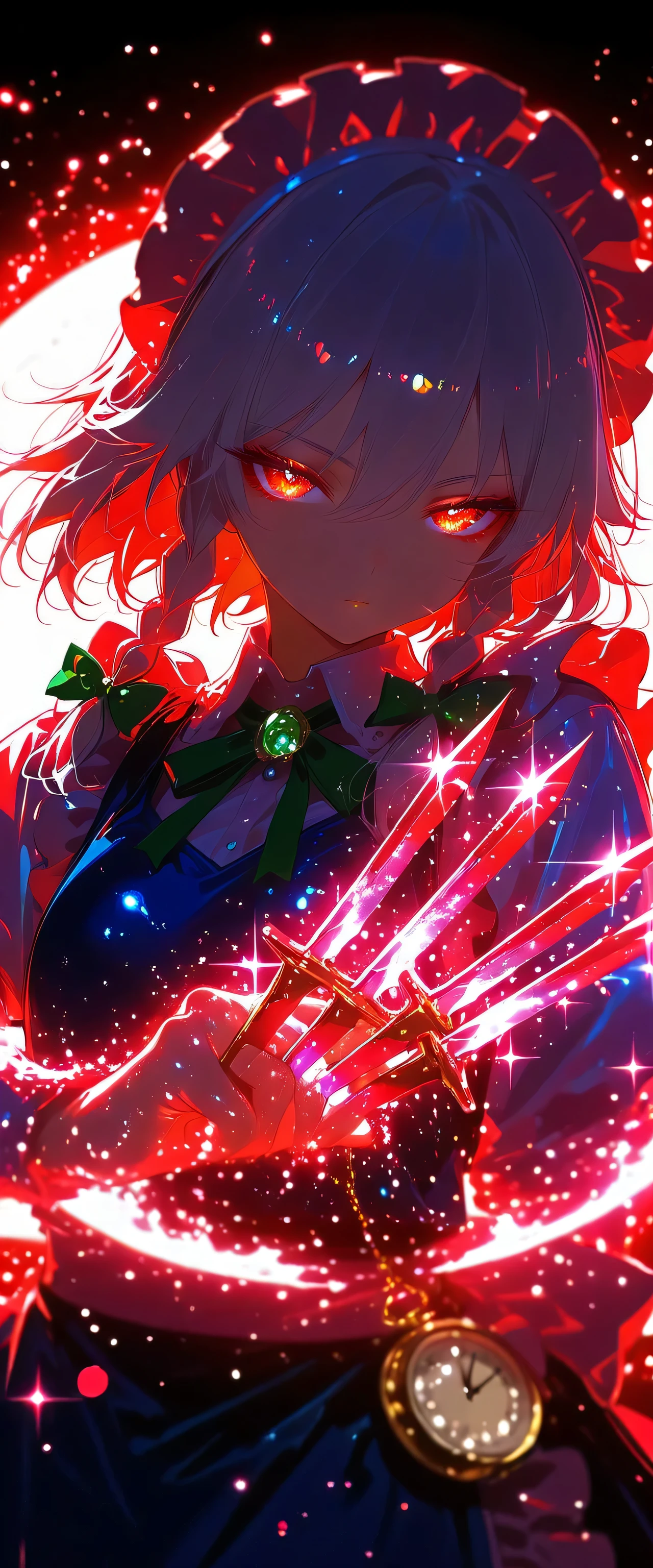 touhou project,Izayoi Sakuya,(beautiful girl: 1.3),masterpiece,Ultra-high resolution,Rich contrast,Very high quality,8k,Highly detailed CG unit wallpaper,Texture,So ridiculous,RAW Photos,Depth of written boundary 1.2,ultra-detailed eyes,Glowing Skin,Glitter Effect,Beautiful glossy lips,Circular Bokeh,(backlighting:1.2),Scarlet Devil Hall,0__11Xx_illu,pocket watch, knives between fingers,dynamic composition,Red as the base color