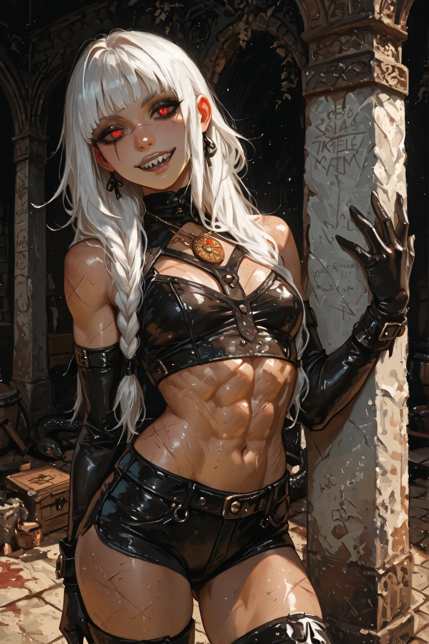 Drawn like the artist Bob Kehl. Goth girl. Albino skin. White skin. Her skin is covered in scars. She has a horizontal scar across her nose. Inca girl with white and dark hair, sharp teeth, deep red-coloured eyes, slanted Asian eyes, black eyeliner, with sharp teeth, athletic body and abs. Slender and athletic. Cute, round and young face. White highlights in her hair. She wears old black snake-leather clothing with snakeskin-texture. She also wears an amber necklace. She has small breasts. Atmospheric lighting. She looks like Wednesday Adams. Box-art. DnD-art-style, oil painting. Looking at the viewer. Background: Spanish medieval town, hdr colours, drawn like art nouveau