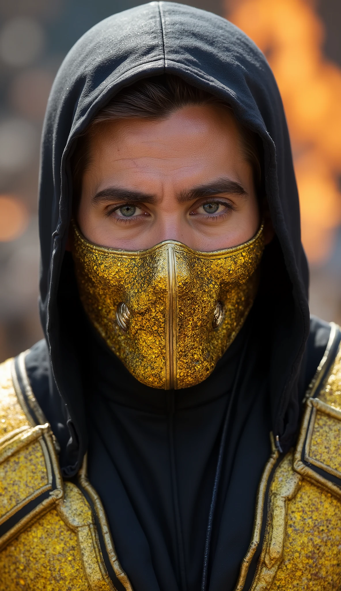 hyper-realistic close-up of Jake Gyllenhaal as Scorpion, upper body.
Metallic mask only on the mouth, without hood, extremely detailed with geometric carvings and luxurious finish.
Yellow diamond details encrusted on the mask, shining in the light, creating dramatic reflections.
Intense and piercing eyes, visible eyebrows, slightly disheveled hair.
Black and gold costume with leather texture and polished metal plates, highlighting the power of the Mortal Kombat character.
Ruined scenery, distant fire reflecting in the eyes and armor.
cinematic lighting, strong contrast, flaming background blurred to keep the focus on the face and mask.