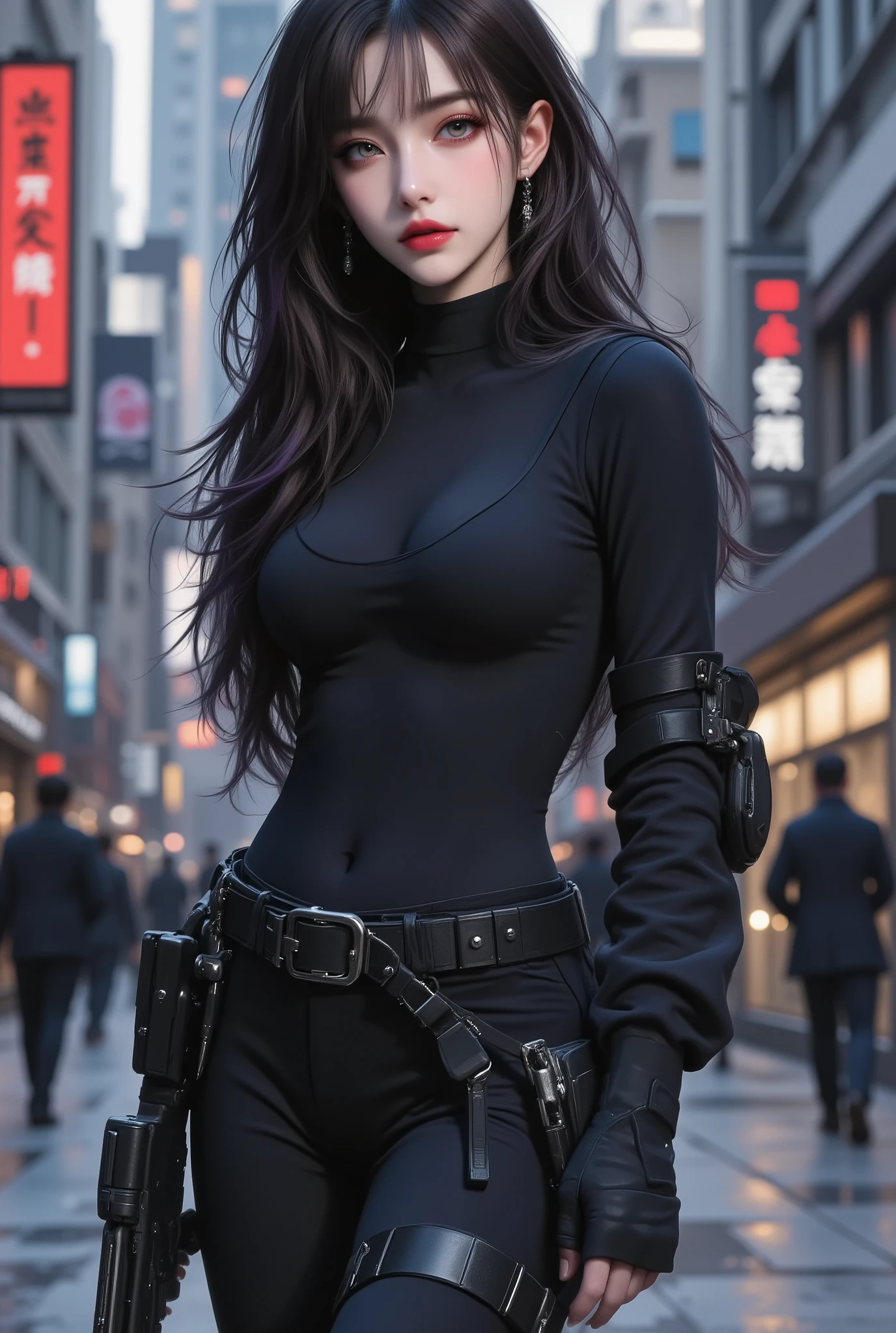 photorealistic、realistic skin texture、gun、Extremely Tight Cyberpunk Catsuit、beautiful long hair、Dim Cyberpunk City、Beautiful Thin Violet Eyes、Black hair with slightly purple tips、thinウエスト、Beautiful Standing、Equipped on a Belt、thin、style is good、Shoulder-width is not wide、The waist is wide、My chest is slipping down medium size