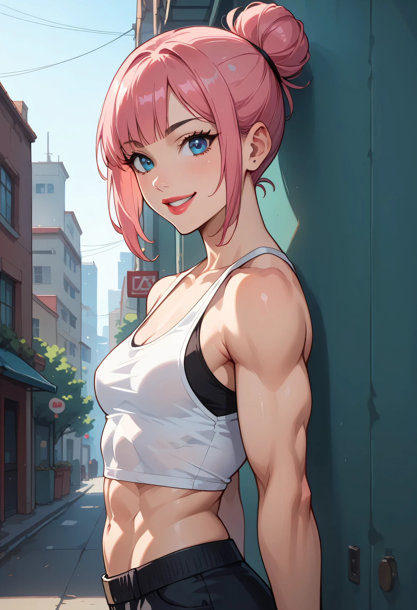 (outdoors), 1girl, (hair bun), bob cut, pink hair, black eyebrows, thin eyebrows, big eyes, blue eyes, bright red lips, thick lips, big smile, perfect face, beautiful woman, small , (muscles), (abs), tank top, (from side), (looking at viewer)