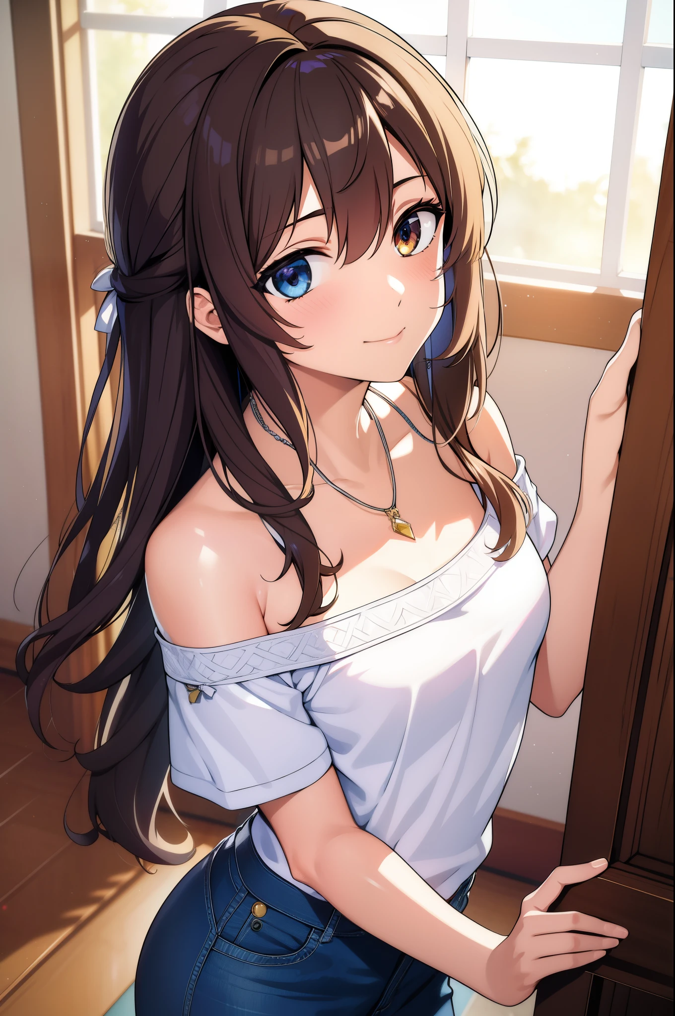 (high-quality, breathtaking),(expressive eyes, perfect face) portrait, 1girl, female, solo, adult woman, mum, age late 20's, brown hair, Heterochromia left eye brown and right eye light blue, medium hair shoulder length, white ribbon in hair, white headband in hair, soft wavy hair, gentle smile, loose hair, side bangs, looking at viewer, portrait, happy expression, modern clothing, off the shoulder shirt blue shirt, black jeans, small necklace shapped elegent, mature, height 5"6, hairstyle similar to haruhi suzumiya