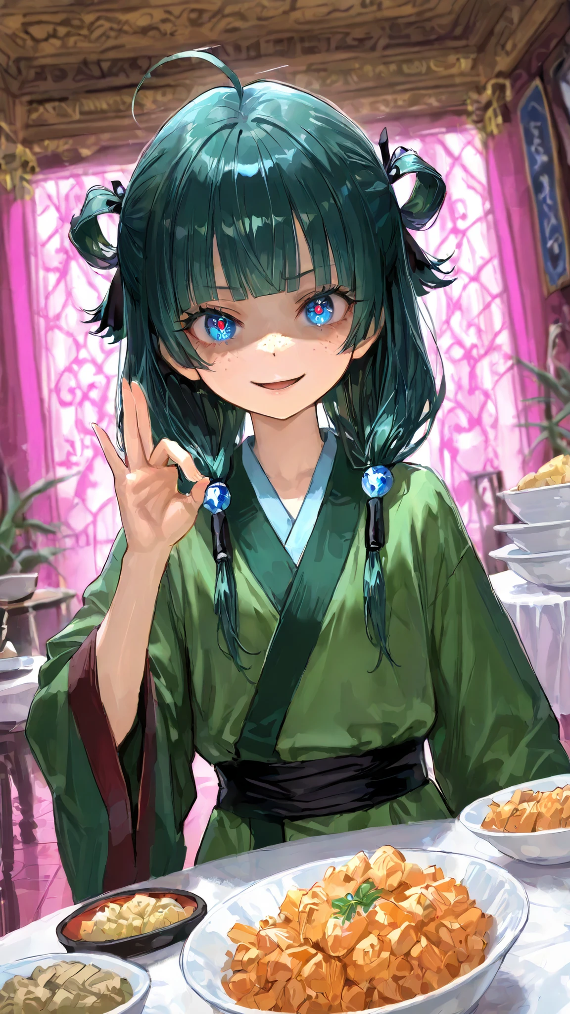 maomao \(kusuriya no hitorigoto\) A young female wearing a green outfit, looking directly at the viewer with a serious expression. she has striking blue eyes and a small nose, and her hair is styled in a long, straight cut with blunt bangs. the background is a soft, blurred indoor setting with a white and pink color scheme, giving the image a sense of depth and atmosphere. the woman appears to be in her early twenties, with a slight smile on her face, and she is positioned in the middle of the image, with her upper body visible. her expression is confident and slightly mischievous, with parted lips and a slight frown. she is wearing a dark green outfit that accentuates her features, 1girl, solo, unrivaled beauty, petite build, flat chest, slim body, slim hips, ahoge, open mouth, dark green hair, medium hair, hair ribbon, blue eyes, shiny_skin,intricate, vivid eyes, crystal eyes, detailed eyes, long eyelashes, douyin eyes, hair tubes, shaded face, evil smile, freckles, indoors, Fortune Teller's Black Western-style robe or costume,shaking its head, Rejecting Gesture, Neatly Arranged Dishes, round dining table,white tablecloth, diagonal view, dramatic angle, Dynamic Poses, clothing texture, detailed eyes, beautiful face, beautiful girl, beautiful body, beautiful hair, Masterpiece, very aesthetic, perfect composition, ((detailed eyes)), (highly detailed), ((Best quality :1.2)),((Detailed :1.5)),((Detailed background :1.5)). (HD eyes:1.4), ((4k,8k,Ultra HD)), {perfect body},(highly detailed), beautiful eyes, beautiful face, beautiful hair,