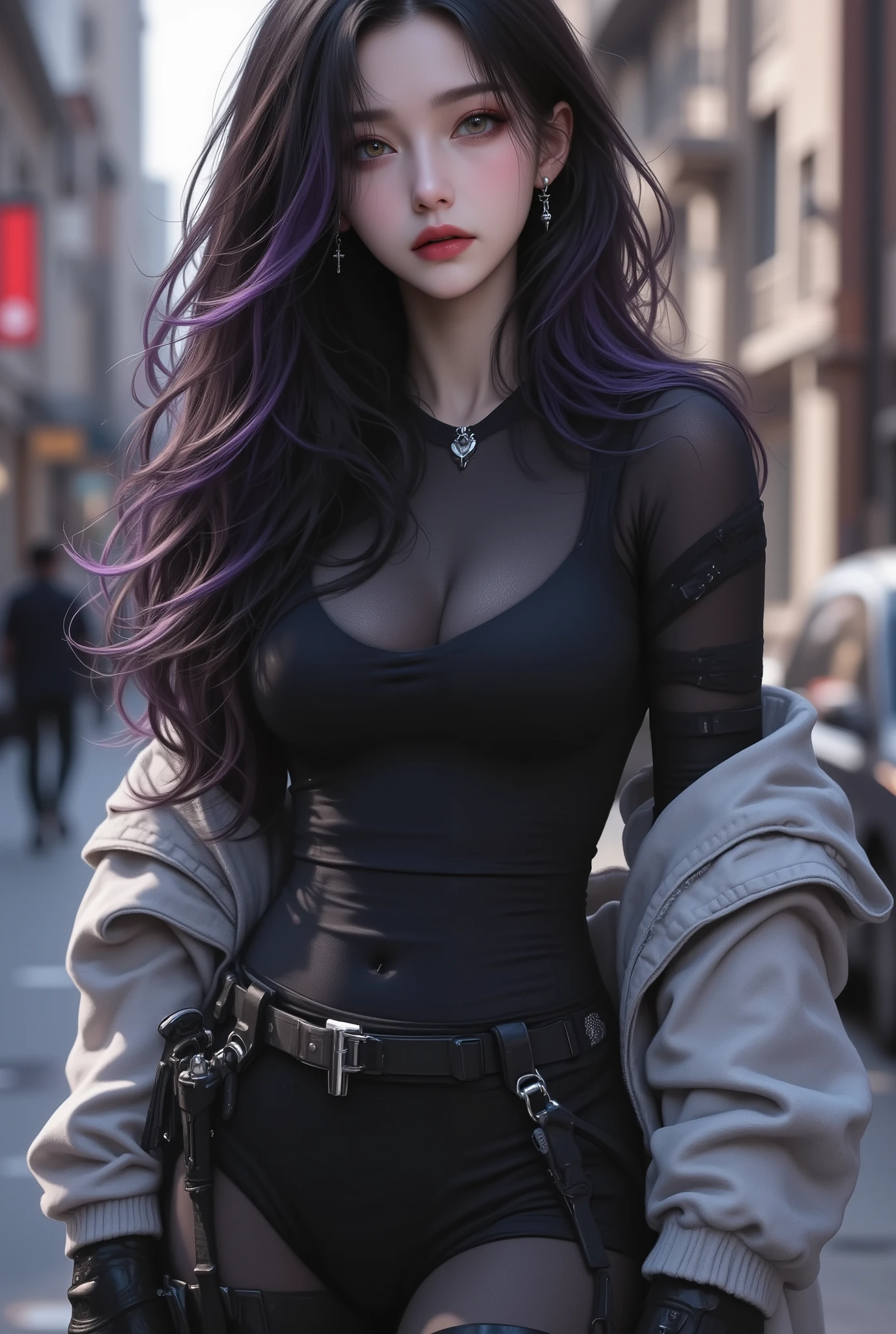 photorealistic、realistic skin texture、gun、Extremely Tight Cyberpunk Catsuit、beautiful long hair、Dim Cyberpunk City、Beautiful Thin Violet Eyes、Black hair with slightly purple tips、thinウエスト、Beautiful Standing、Equipped on a Belt、thin、style is good、Shoulder-width is not wide、The waist is wide、My chest is slipping down medium size