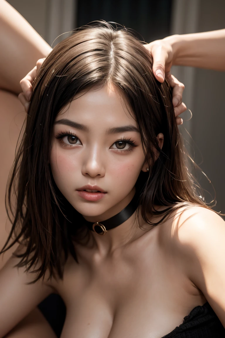 ((Highest quality)), ((masterpiece)), (detailed),????,Perfect Face, she is flat ,10 years old, small girl, slim, Black Bob, ((Narrow eyes)), Japanese, forehead, ((Dimly lit room)), choker, ??????, looking at viewer, looking up,((single eyelid), close up, kneeling), Pink ???????,(Vulgarity, Obedience,To flatter),Bunny ears