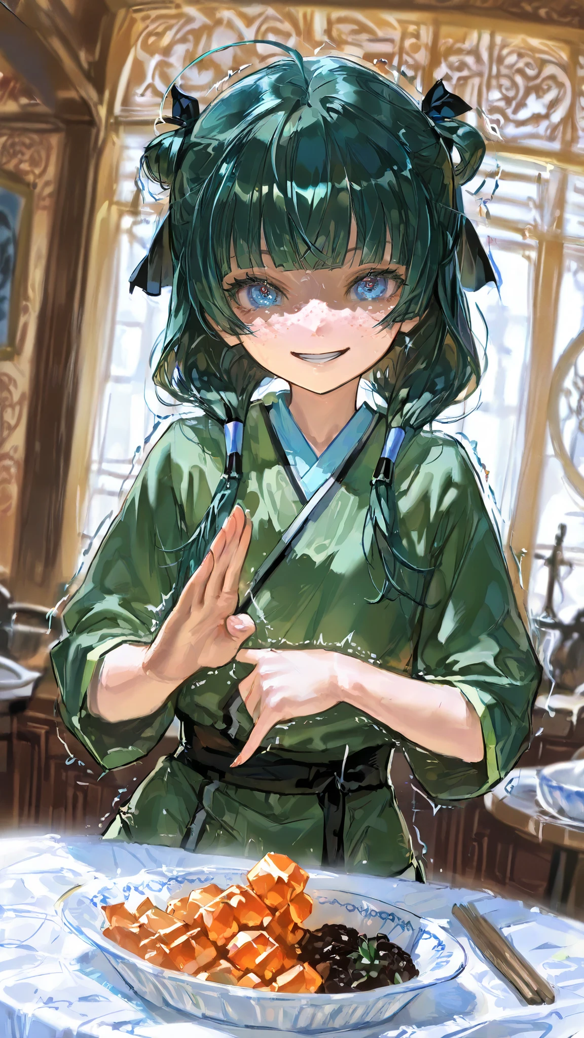 maomao \(kusuriya no hitorigoto\) A young female wearing a green outfit, looking directly at the viewer with a serious expression. she has striking blue eyes and a small nose, and her hair is styled in a long, straight cut with blunt bangs. the background is a soft, blurred indoor setting with a white and pink color scheme, giving the image a sense of depth and atmosphere. the woman appears to be in her early twenties, with a slight smile on her face, and she is positioned in the middle of the image, with her upper body visible. her expression is confident and slightly mischievous, with parted lips and a slight frown. she is wearing a dark green outfit that accentuates her features, 1girl, solo, unrivaled beauty, petite build, flat chest, slim body, slim hips, suggestive food, ahoge, open mouth, dark green hair, medium hair, hair ribbon, blue eyes, shiny skin, intricate, vivid eyes, crystal eyes, detailed eyes, long eyelashes, douyin eyes, hair tubes, shaded face, evil smile, freckles, stitched, indoors, Fortune Teller's, shaking its head, Rejecting Gesture, Neatly Arranged Dishes, round dining table,white tablecloth, diagonal view, dramatic angle, Dynamic Poses, clothing texture, detailed eyes, beautiful face, beautiful girl, beautiful body, beautiful hair, Masterpiece, very aesthetic, perfect composition, ((detailed eyes)), (highly detailed), ((Best quality :1.2)),((Detailed :1.5)),((Detailed background :1.5)). (HD eyes:1.4), ((4k,8k,Ultra HD)), {perfect body},(highly detailed), beautiful eyes, beautiful face, beautiful hair,