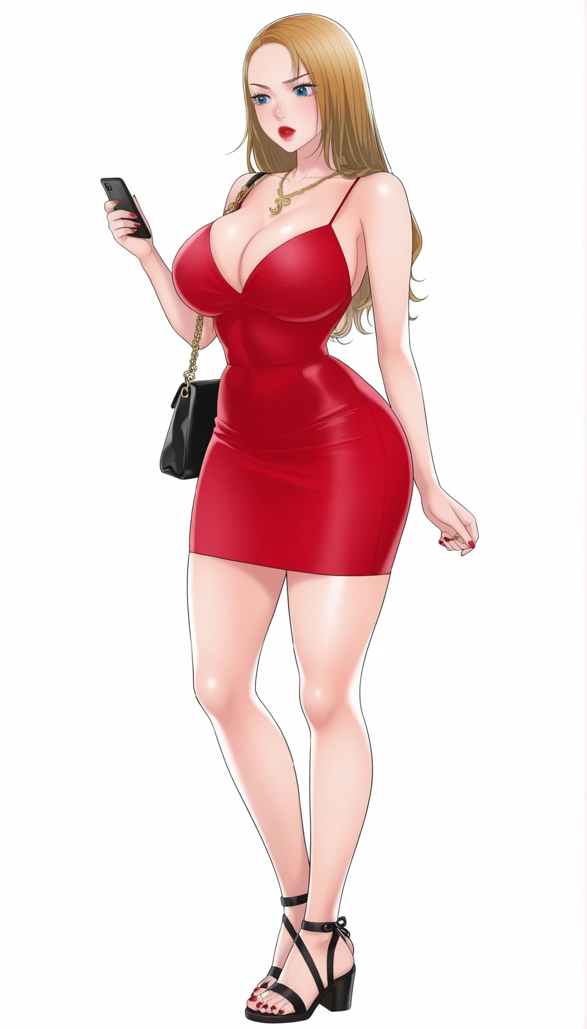Yumi (New Town), a beautiful woman with long sleek glowy-blonde hair, big bright-blue eyes, bimbo plump round bright-red lips, red nails, extremely fair white glowy skin, a cinched small tight narrow waist, an hourglass figure, big breasts, a small tight cinched waist, and a sexy voluptuous-curvy body. She's wearing a revealing mini short tight red dress with spaghetti straps and a straight cleavage-neckline and threads, a gold GUCCI belt, a gold necklace, bare legs, and strappy ankle tall black sandals. She's standing straight, carrying one strappy tote bag over one shoulder, one hand on the purse strap, other hand holding one phone, plain expression, one eyebrow raised, and plain white empty background. Show her full body from head to sandals, proper middle-waist level view, SOLO, and super creative hyper-detailed.