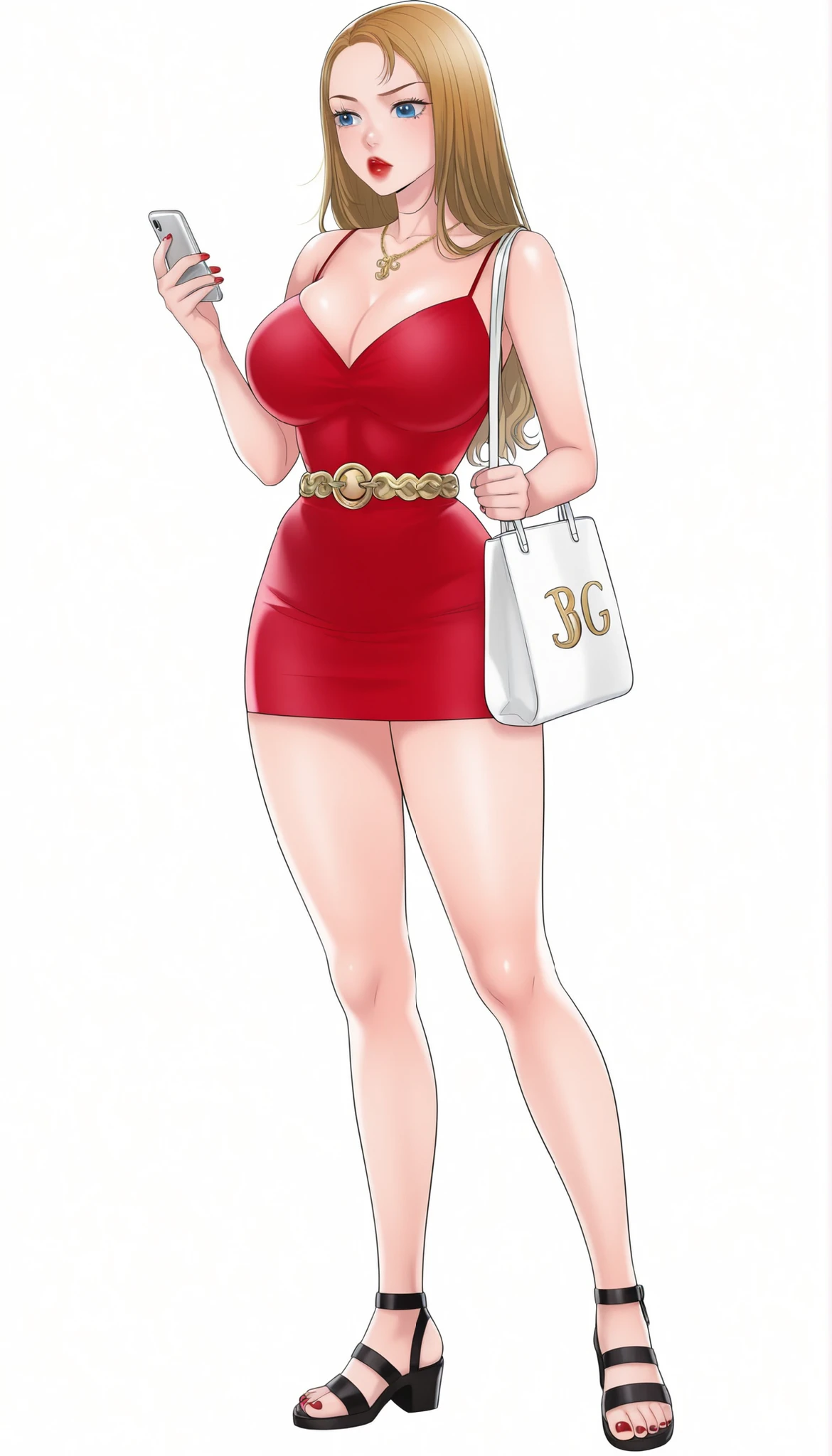 Yumi (New Town), a beautiful woman with long sleek glowy-blonde hair, big bright-blue eyes, bimbo plump round bright-red lips, red nails, extremely fair white glowy skin, a cinched small tight narrow waist, an hourglass figure, big breasts, a small tight cinched waist, and a sexy voluptuous-curvy body. She's wearing a revealing mini short tight red dress with spaghetti straps and a straight cleavage-neckline and threads, a gold GUCCI belt, a gold necklace, bare legs, and strappy ankle tall black sandals. She's standing straight, carrying one strappy tote bag over one shoulder, one hand on the purse strap, other hand holding one phone, plain expression, one eyebrow raised, and plain white empty background. Show her full body from head to sandals, proper middle-waist level view, SOLO, and super creative hyper-detailed.