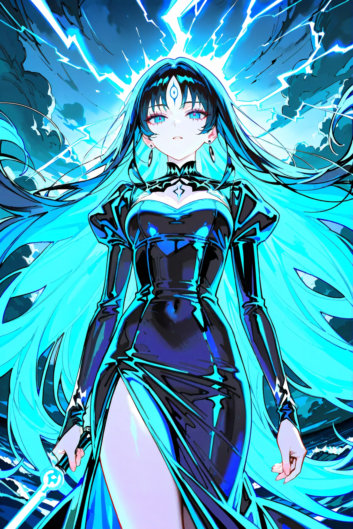 Female in her 30s, Powerful Sea Witch, Elegant Blue Silk Dress, Long Wavy Black Hair, Shining Deep Sea Blue Eyes, Faces with Sharp Features, pale skin, Hand with a Magic Wand, On the Stormy Sea, Rough waves , Lightning sky, dark clouds, Magical Vortex, Mysterious Sea Creatures, Blue Magical Aura,  intense contrast , dramatic lighting, dark atmosphere

IllusP0s,detailxl,much,bishounen,ONES,(masterpiece:1.2, best quality, ultra-detailed,), score_9, 1woman, solo_focus, cowboy shot, slightly low angle, soft lighting, cool and pastel color tone, hyperdetailed, defined facial features, perfect face, detailed hands