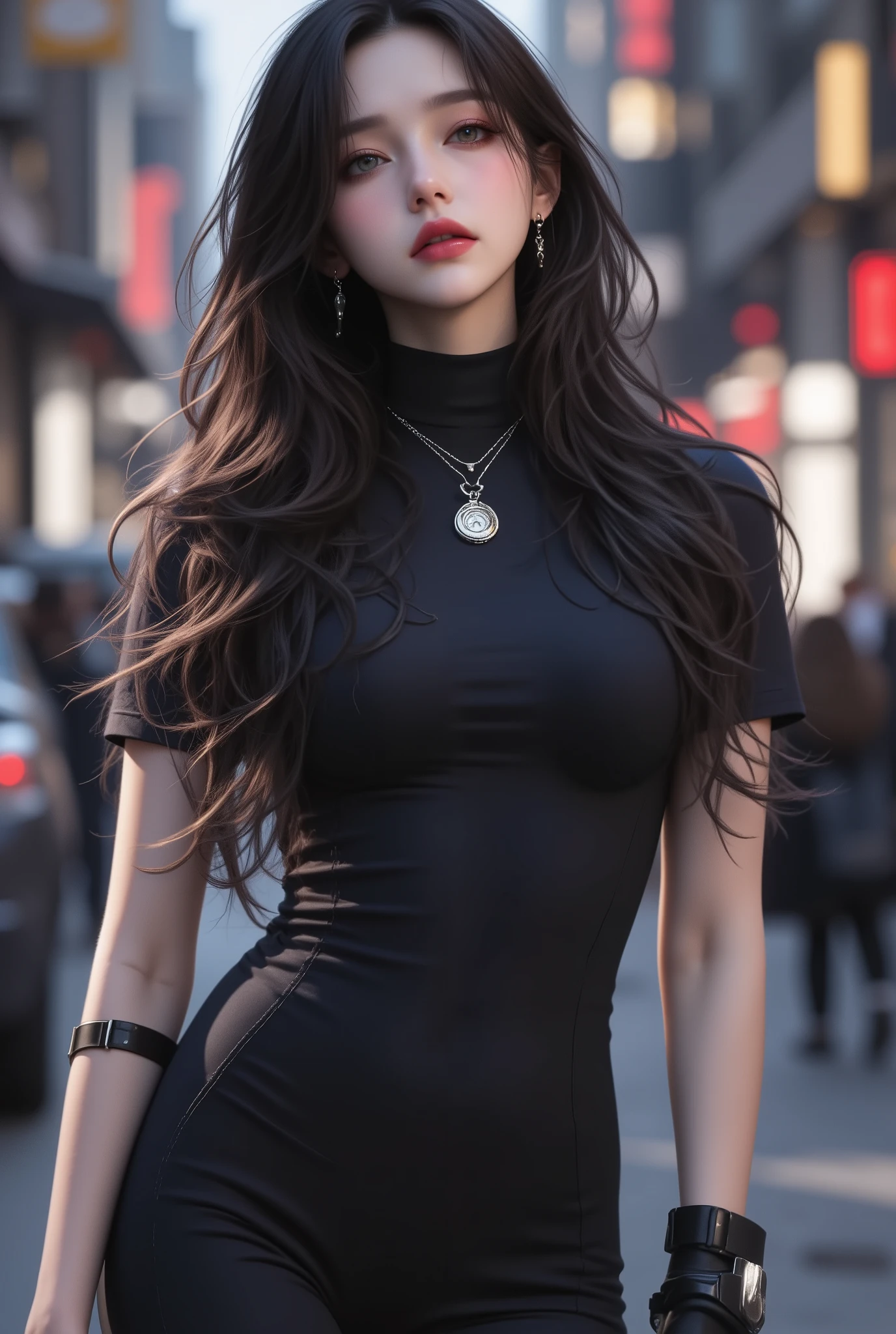 photorealistic、realistic skin texture、gun、Extremely Tight Cyberpunk Catsuit、beautiful long hair、Dim Cyberpunk City、Beautiful Thin Violet Eyes、Black hair with slightly purple tips、thinウエスト、Beautiful Standing、Equipped on a Belt、thin、style is good、Shoulder-width is not wide、The waist is wide、My chest is slipping down medium size