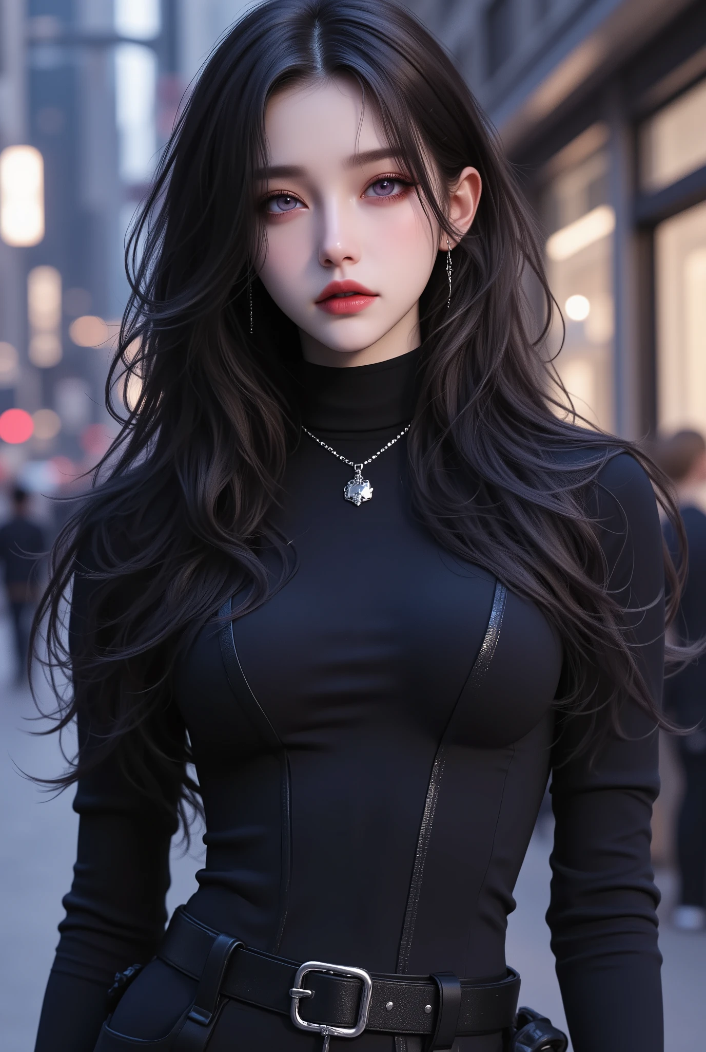 photorealistic、realistic skin texture、gun、Extremely Tight Cyberpunk Catsuit、beautiful long hair、Dim Cyberpunk City、Beautiful Thin Violet Eyes、Black hair with slightly purple tips、thinウエスト、Beautiful Standing、Equipped on a Belt、thin、style is good、Shoulder-width is not wide、The waist is wide、My chest is slipping down medium size
