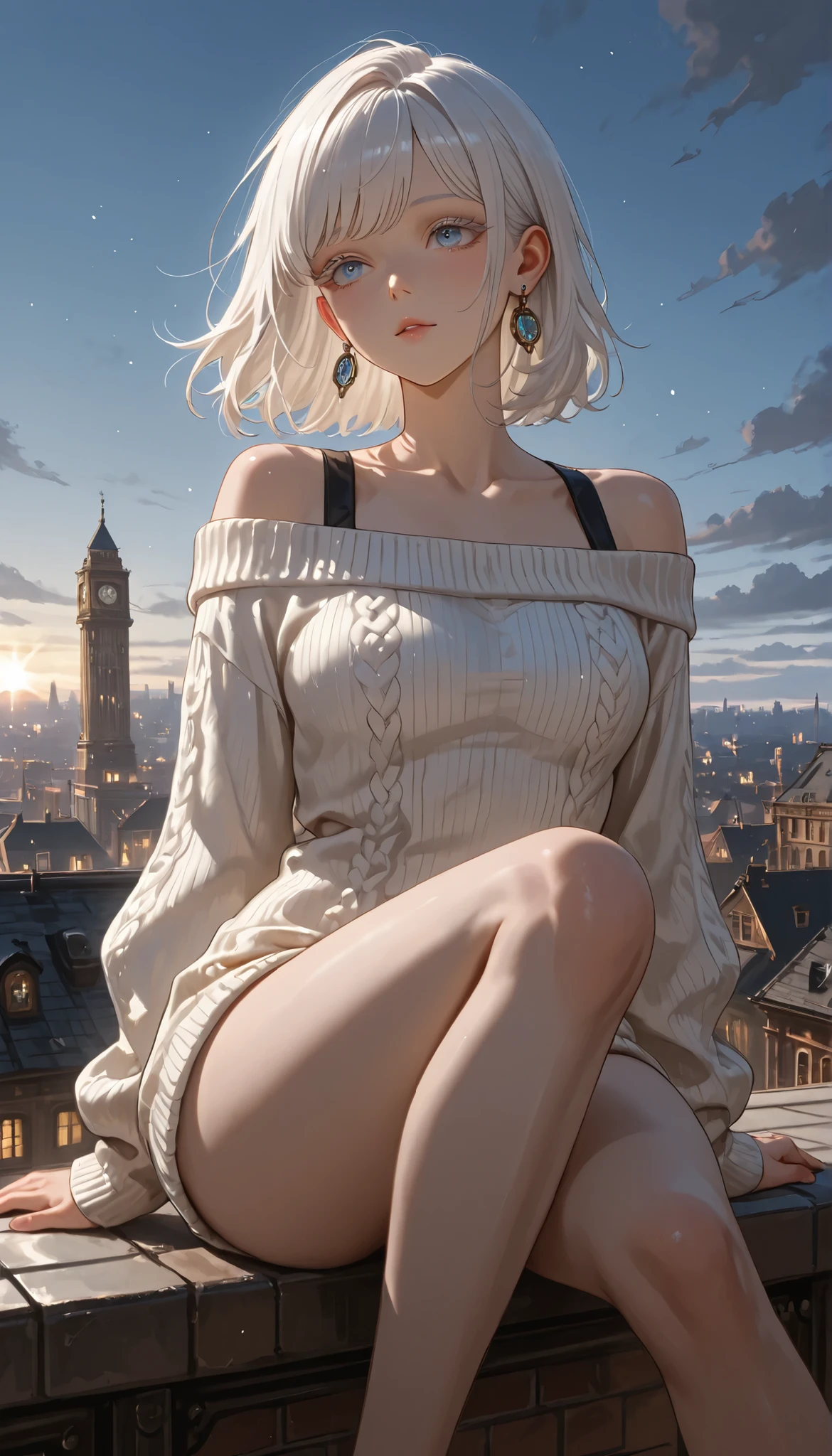 ((steampunk worldview)). RAWPicture, Picture, realistic, 8K, 超details, details, Dramatic Lights, detailsな肌, character boundary depth, Sparkling、sparkle、Shadows 、Backlight、 Girl Who Feels Aura,  sky blue eyes, white eyelashes、white hair、 beautiful eyes, A symbol of lookism, Dramatic Composition、Portrait、on the girl and boldly blur the background、 ((On the roof of a building overlooking London。A girl wearing an off-the-shoulder sweater sits lazily by the wall。white off-shoulder sweater。earrings。Bare legs))
