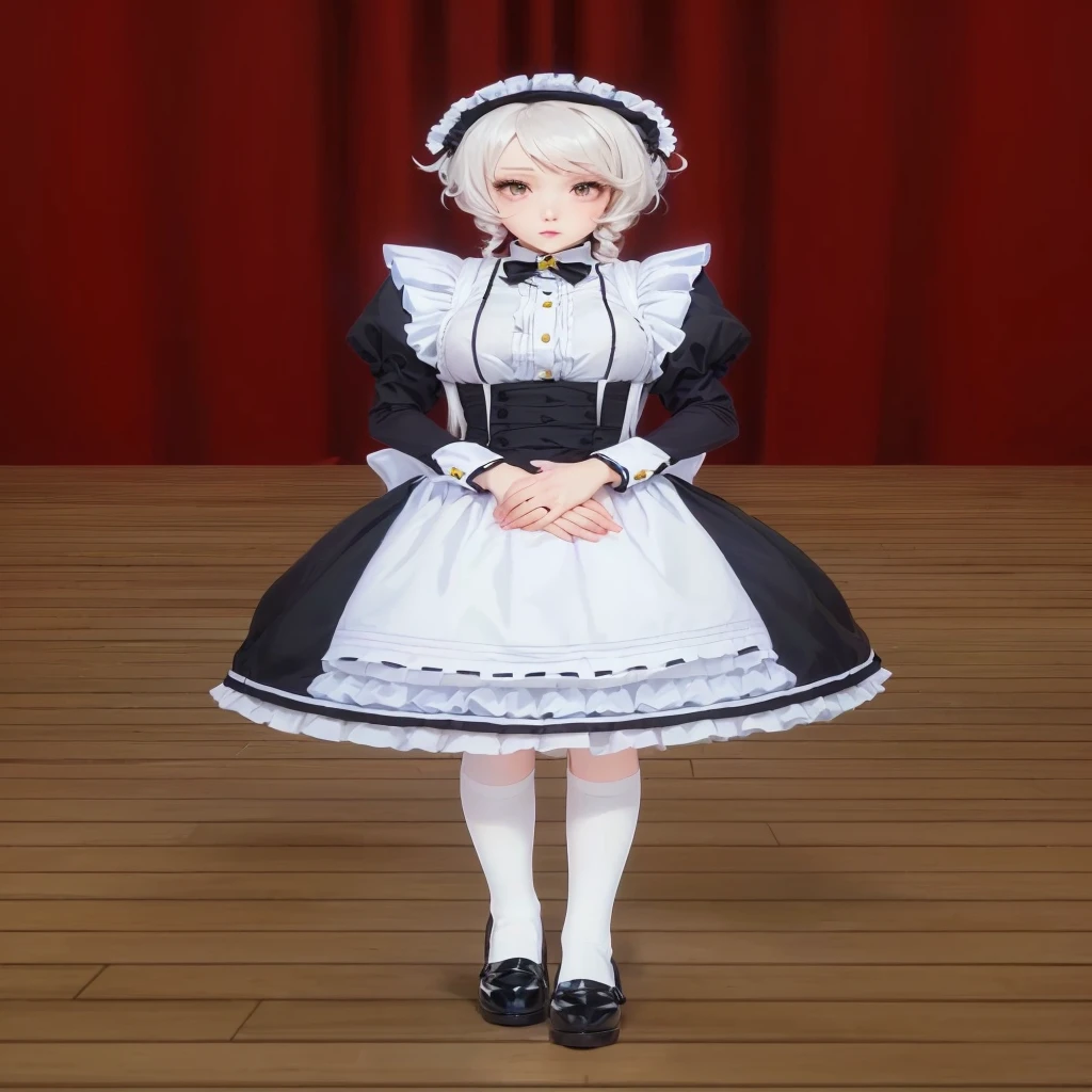 1girl,white hair,((bule hair tips)),black headphone,blue ribbon hairband,maid clothes(white blue),blue eye,hand up, short hair,hair between eyes BREAK full body, chibi, [realistic], [3d], (3dcg), ((octane render)), smile, closed mouth BREAK (8k, RAW photo, best quality, masterpiece:1.2), ultra high res, (((realistic, photo-realistic))), professional lighting, detailed lighting, professional photography, fisheye, dynamic angle, high quality, high res, extremely detailed, bloom BREAK depth of field, sketch, sharp focus, soft lighting, good composition, god light highlight, detailed, (((photorealistic details))), detailed skin, to8contrast style