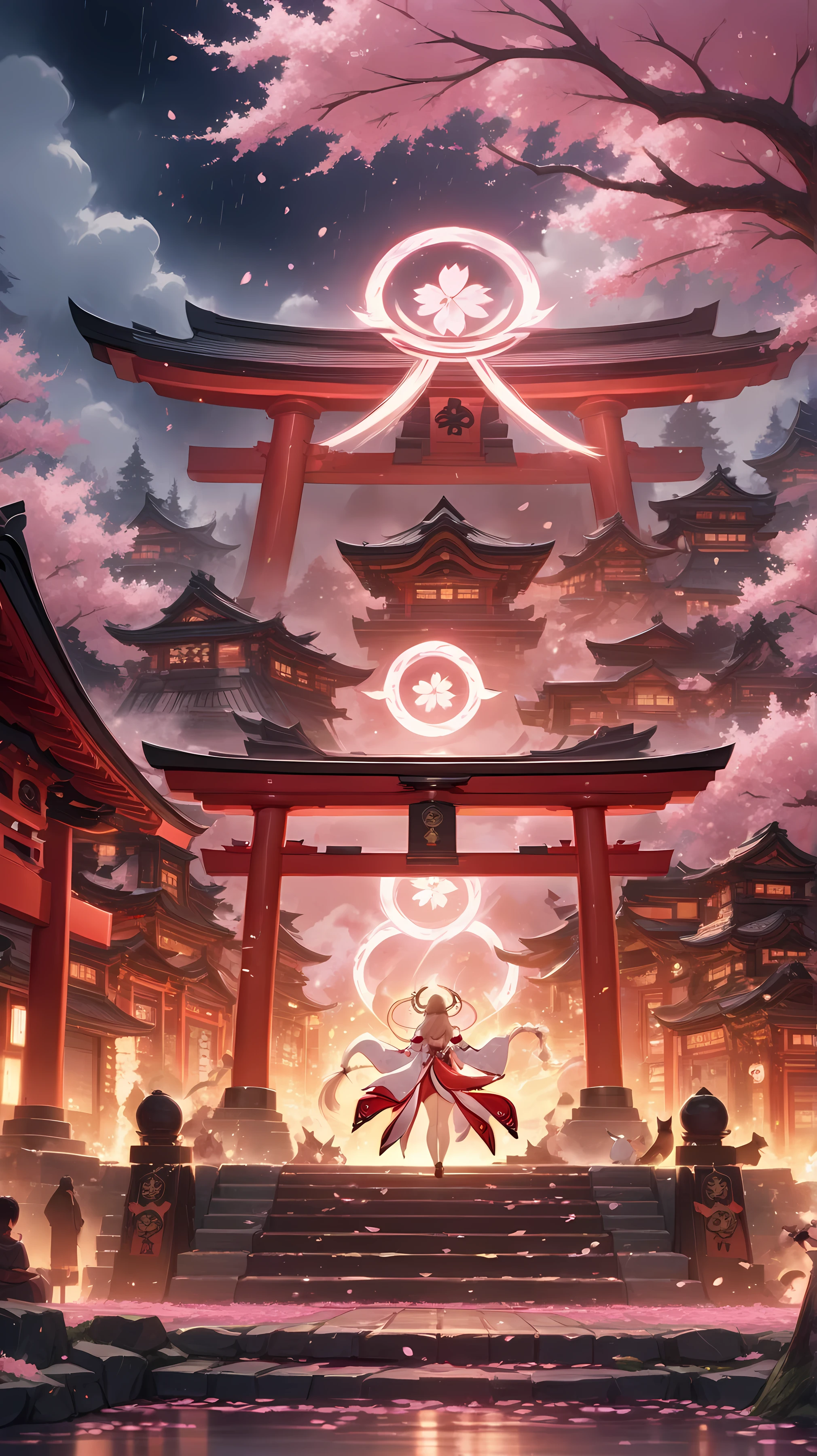 Award winner,supreme detail, high quality, masterpiece, best quality, imax cinematic anime-style illustration, fantasy elements, soft watercolor texture, detailed magical effects, pink-gold and cherry blossom tones, Great Narukami Shrine and gigantic cherry tree with cherry blossom petal flying in mid air. , night scene, Yae Miko, stone steps, fog, nine fox tails, gentle glow, sakura petals, kitsune ears, red torii, paper talismans, Mount Yogo silhouette, traditional kimono, thunderstorm patterns, fox trail designs, belt with amulets, playful insightful eyes, ritual rod, Electro and Anemo symbols, old book, floating glowing luminensence orange runes, translucent kitsune mask woven from light, soft tail glow, electric sparks, moonlit fog, magical golden brown hair highlights, fanthasy, accurate, anatomy correct, 1080P 8K
