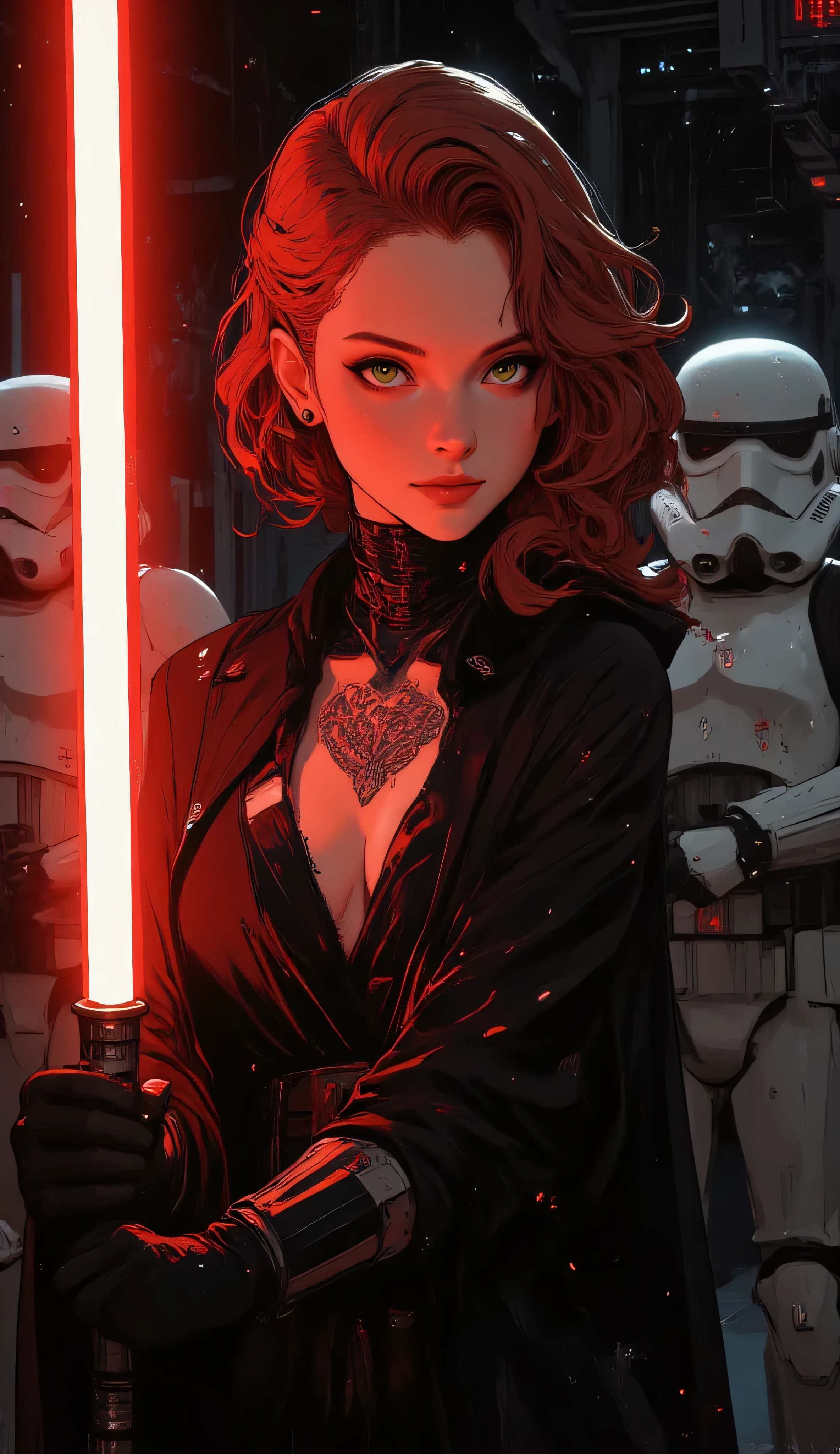 Score_9, score_8_up, score_7_up, ((highest quality)), ((masterpiece)), Perfect Face, (High definition), (Best Shadow), 8k, cinematic. a woman sith,Mara Jade, beautiful woman, red wavy hair, green eyes and white skin, black tattooed body, wears the classic sith tunic,  sexy and open on the breast, long black coat, smiles slyly, waiting for an attack, red lightsaber in hand, perfect hands, perfect detailed lightsaber, in the background two stormtrooper in the tie fighter hangar on Black Death, ultra detail, photorealistic, no reflection, perfect details, perfect symmetry, studio lightening, hyper realistic, 4k 

